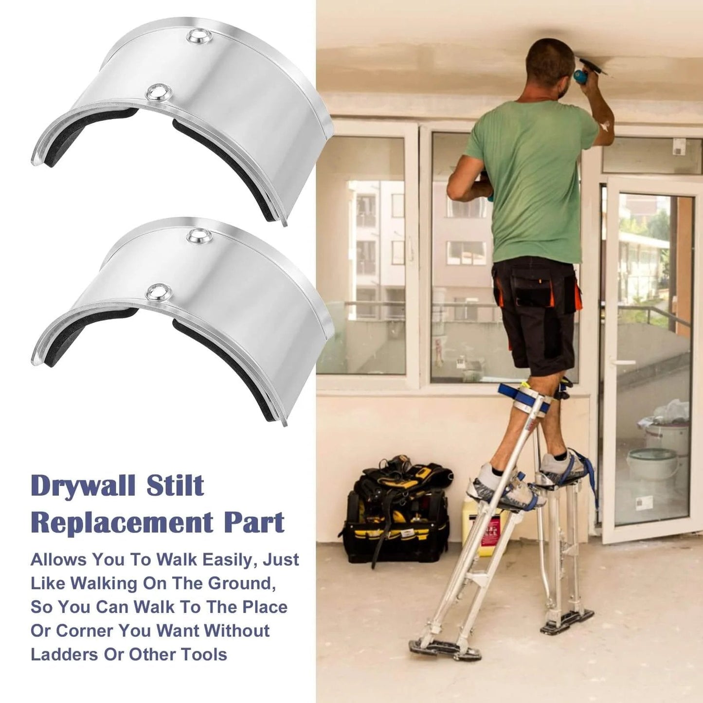 2 PCS Drywall Stilt Replacement Part, Aluminium Alloy Stilt Accessories Curved plate for fixing legs, shown in use