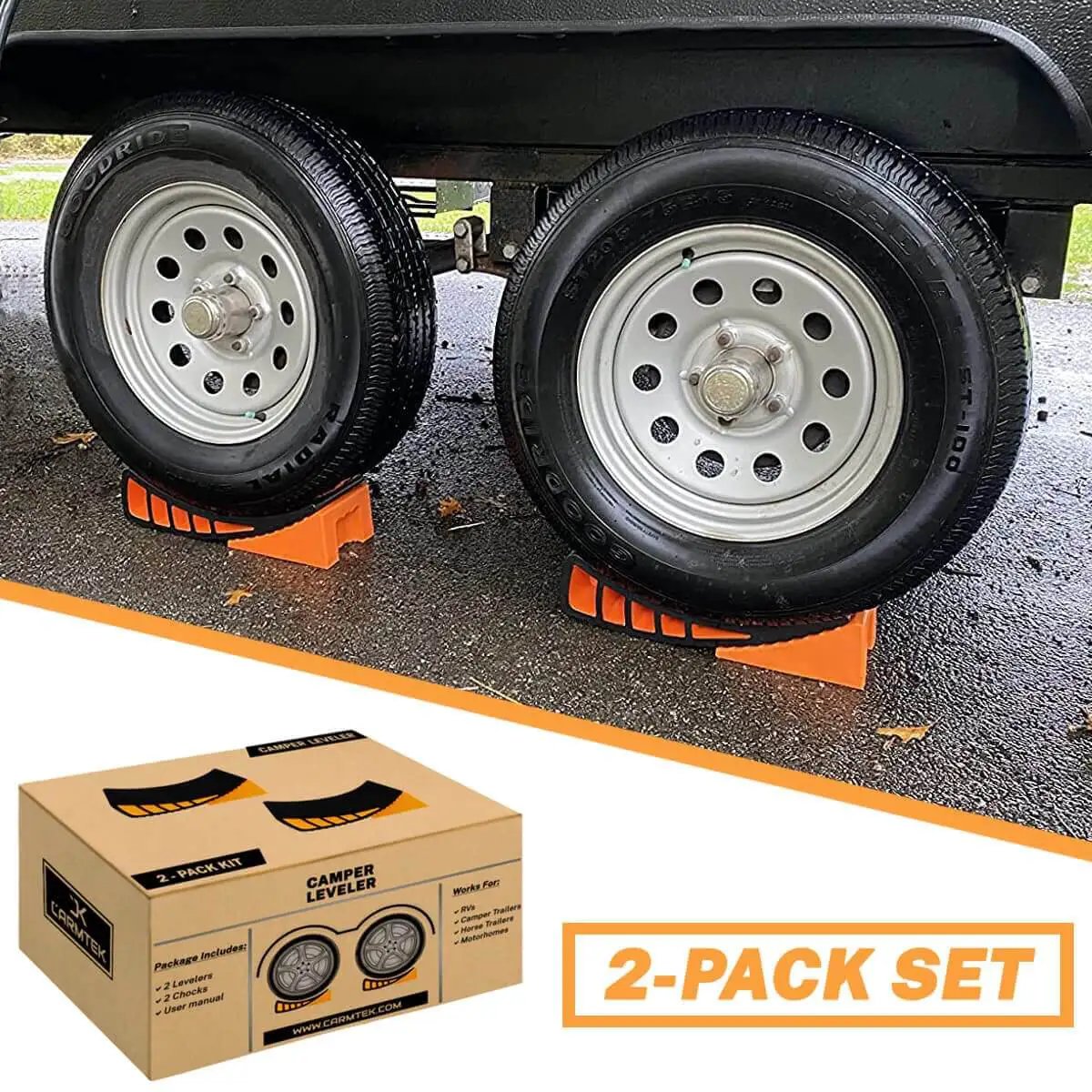 Camper Leveler 2 Pack Kit with curved RV levelers and trailer wheel chocks for dual axle trailers under wheels