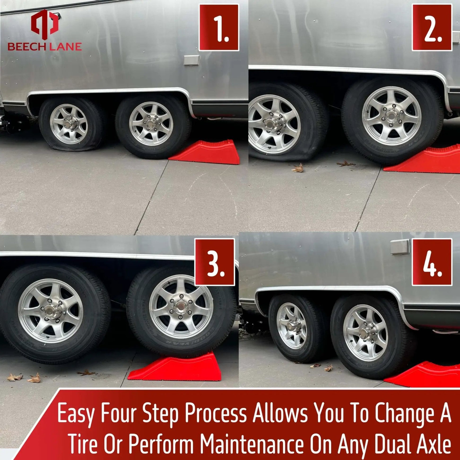 Rugged Five And A Half Inch Lift Trailer Ramp For Quick Tire Changes On Dual Axle Trailers, red ramp installed under trailer wheel.