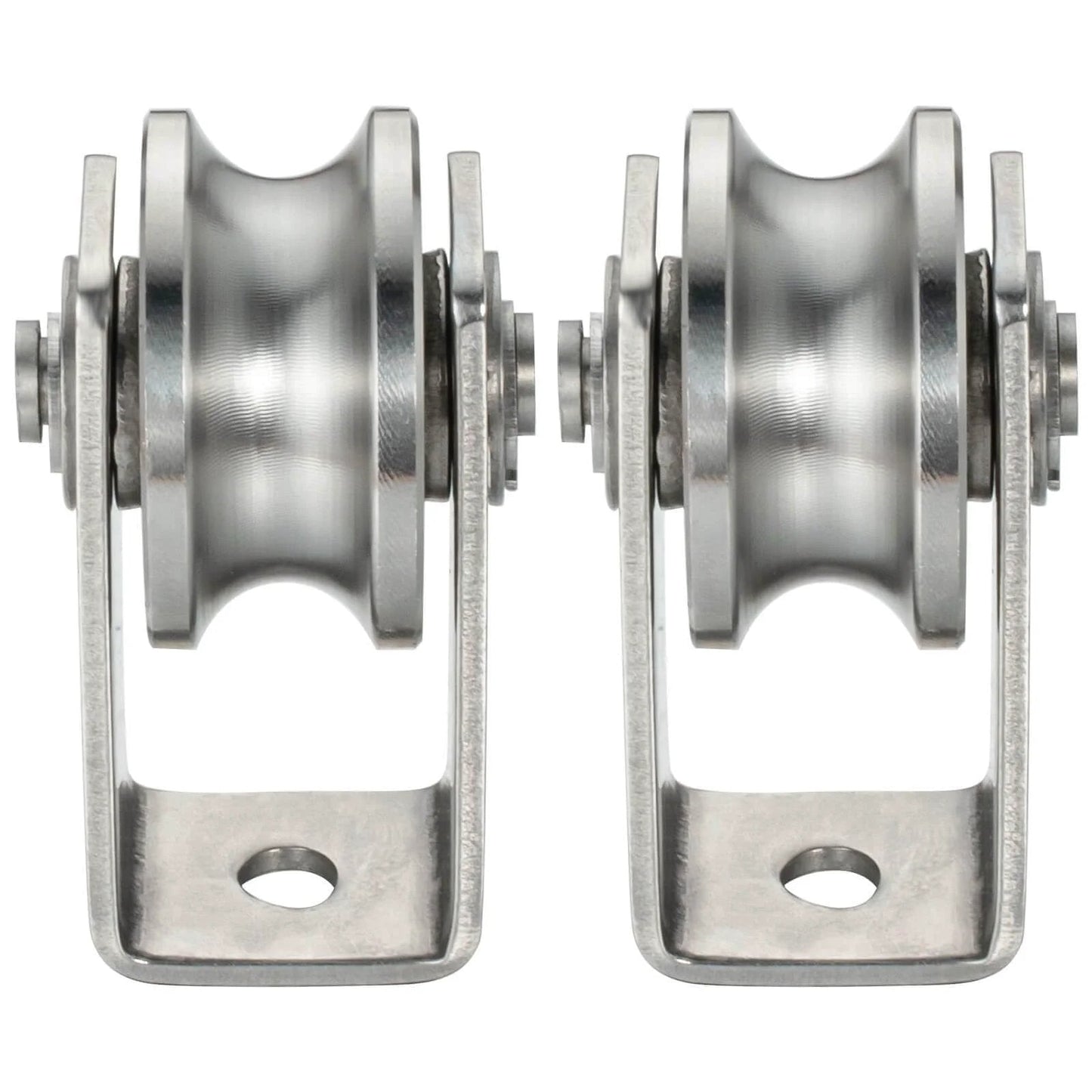 Dual-bearing cable pulley wheel set for rope systems, wall or ceiling mounted, quiet operation using two 608 bearings, stainless steel construction, built for DIY home gyms, lifting rigs, winches, and smooth indoor pulley routing, includes 2 pulleys