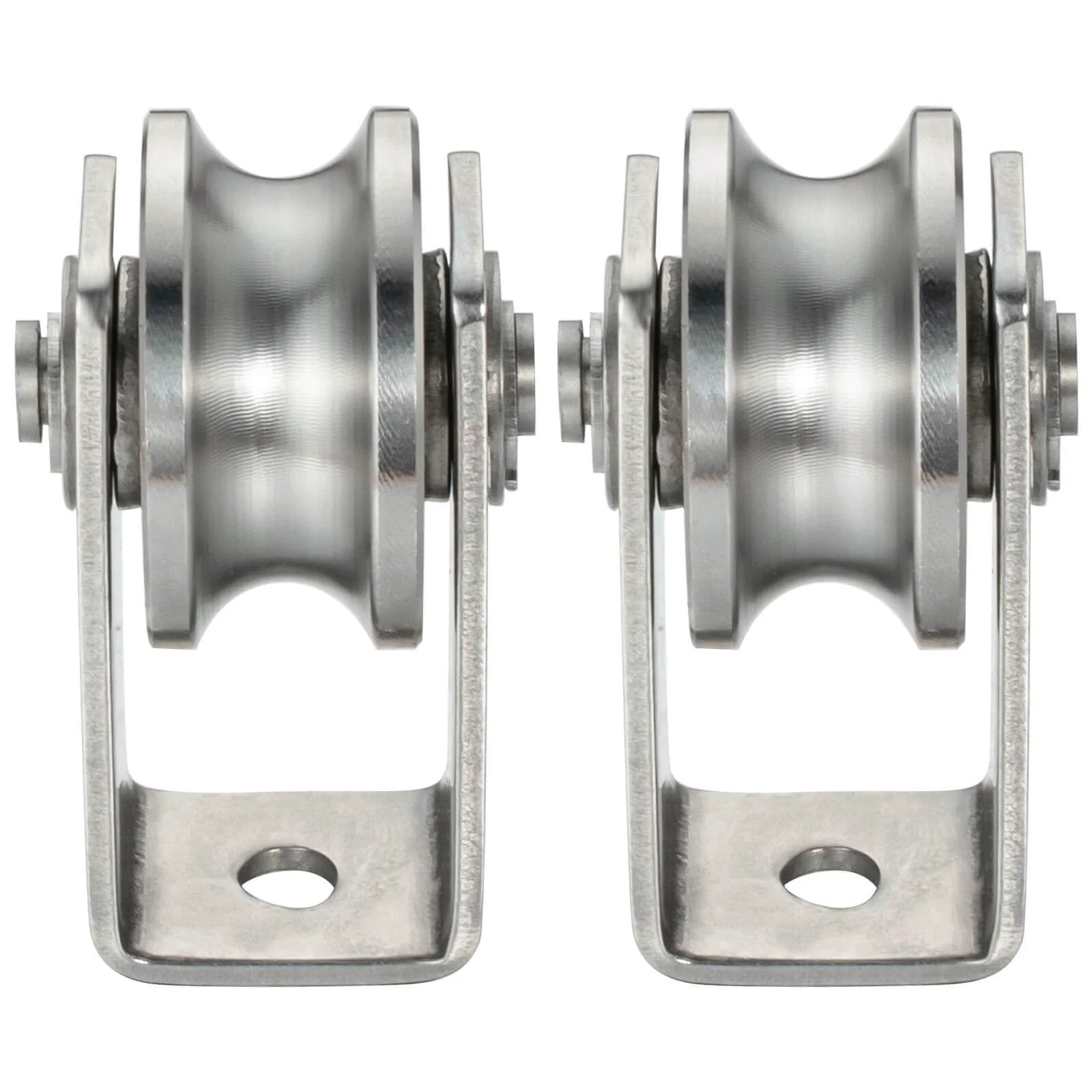 Dual-bearing cable pulley wheel set for rope systems, wall or ceiling mounted, quiet operation using two 608 bearings, stainless steel construction, built for DIY home gyms, lifting rigs, winches, and smooth indoor pulley routing, includes 2 pulleys
