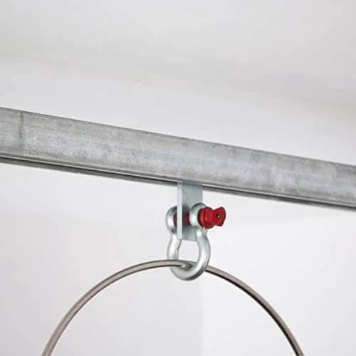 2 Wheel Trolley Assembly Rollers with Dual Bearings for 1-5/8 Inch & Taller Strut Channel installed in a ceiling rail system