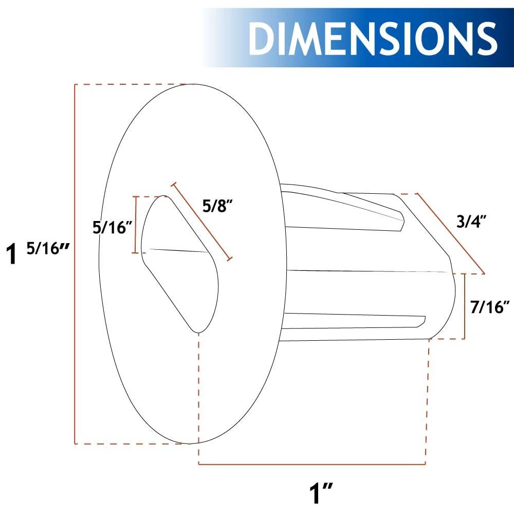 Dimensions of Dual Feed Through Cable Bushings White 100 Pack For Low Voltage Wall Openings, showing measurements.