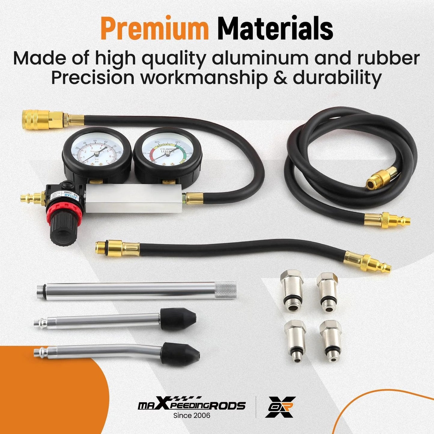 Dual Gauge Cylinder Leak Down Tester Kit For Gasoline Engines With Extension Rod Includes Compression Tester And Leakage Rate Meter For Simultaneous Pressure Check And Leakage Readouts Ideal For DIY Mechanics And Pro Auto Diagnostics showing components including gauges, hoses, and adapters.