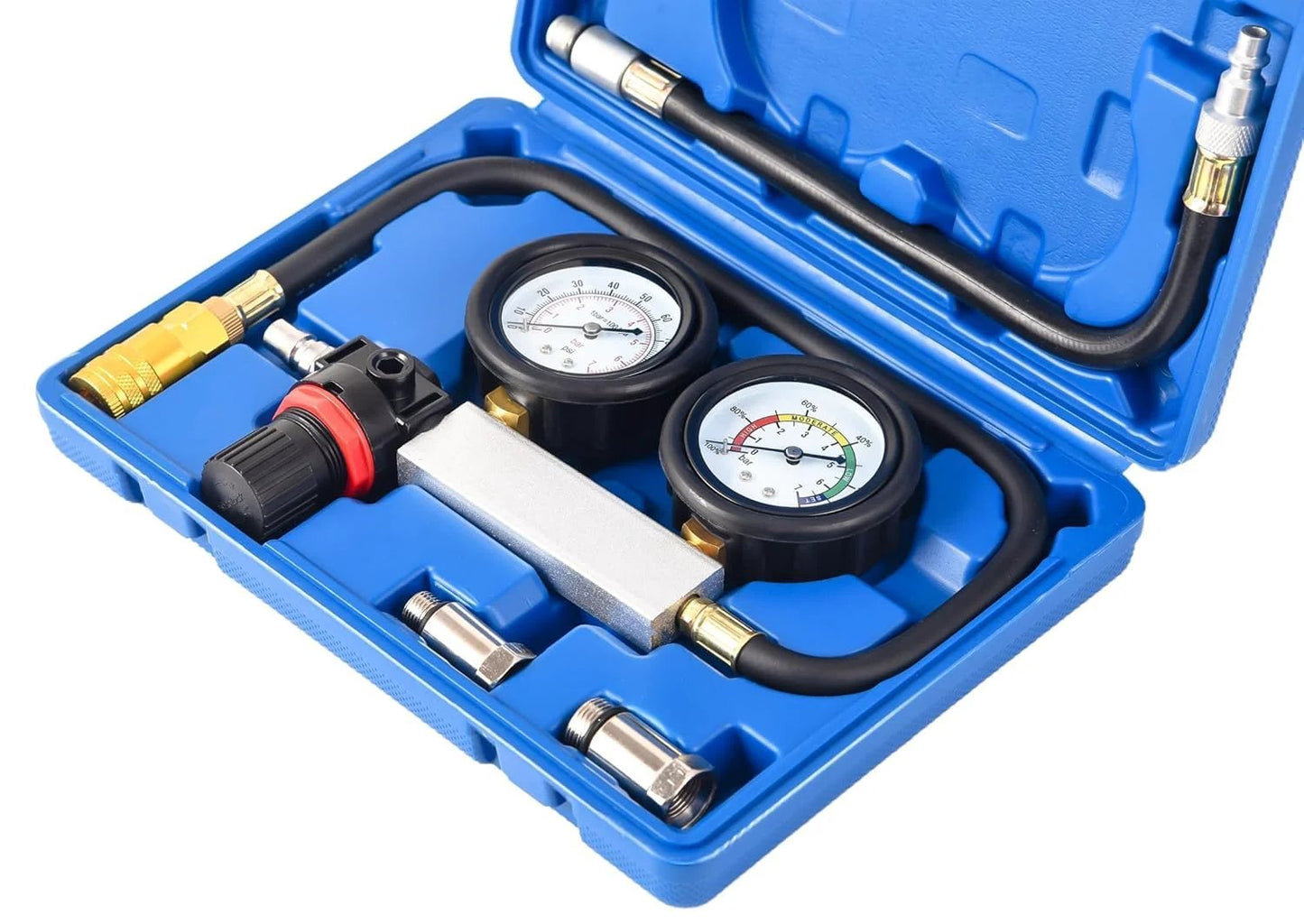 Dual Gauge Cylinder Leak Down Tester Kit With Pressure Regulator And Spark Plug Adapters M10 M12 M14 M18 For Gasoline Engines in blue carrying case