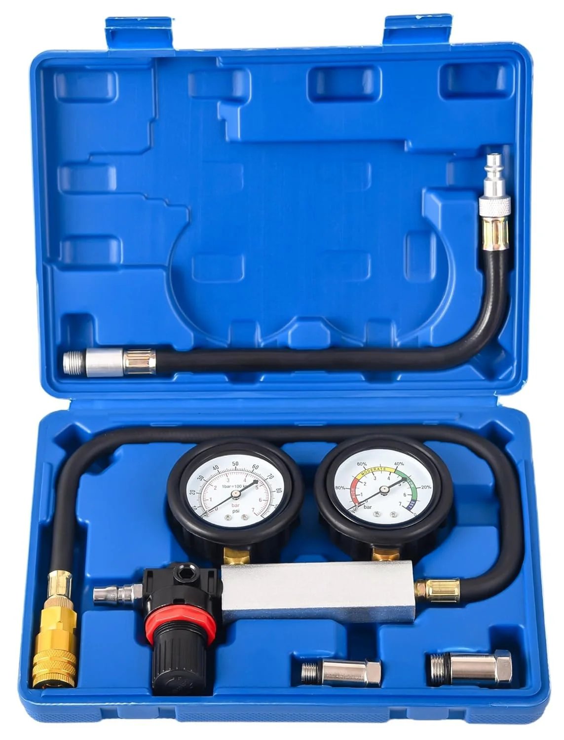 Dual Gauge Cylinder Leak Down Tester Kit With Pressure Regulator And Spark Plug Adapters M10 M12 M14 M18 For Gasoline Engines, with gauges and hoses in blue case.