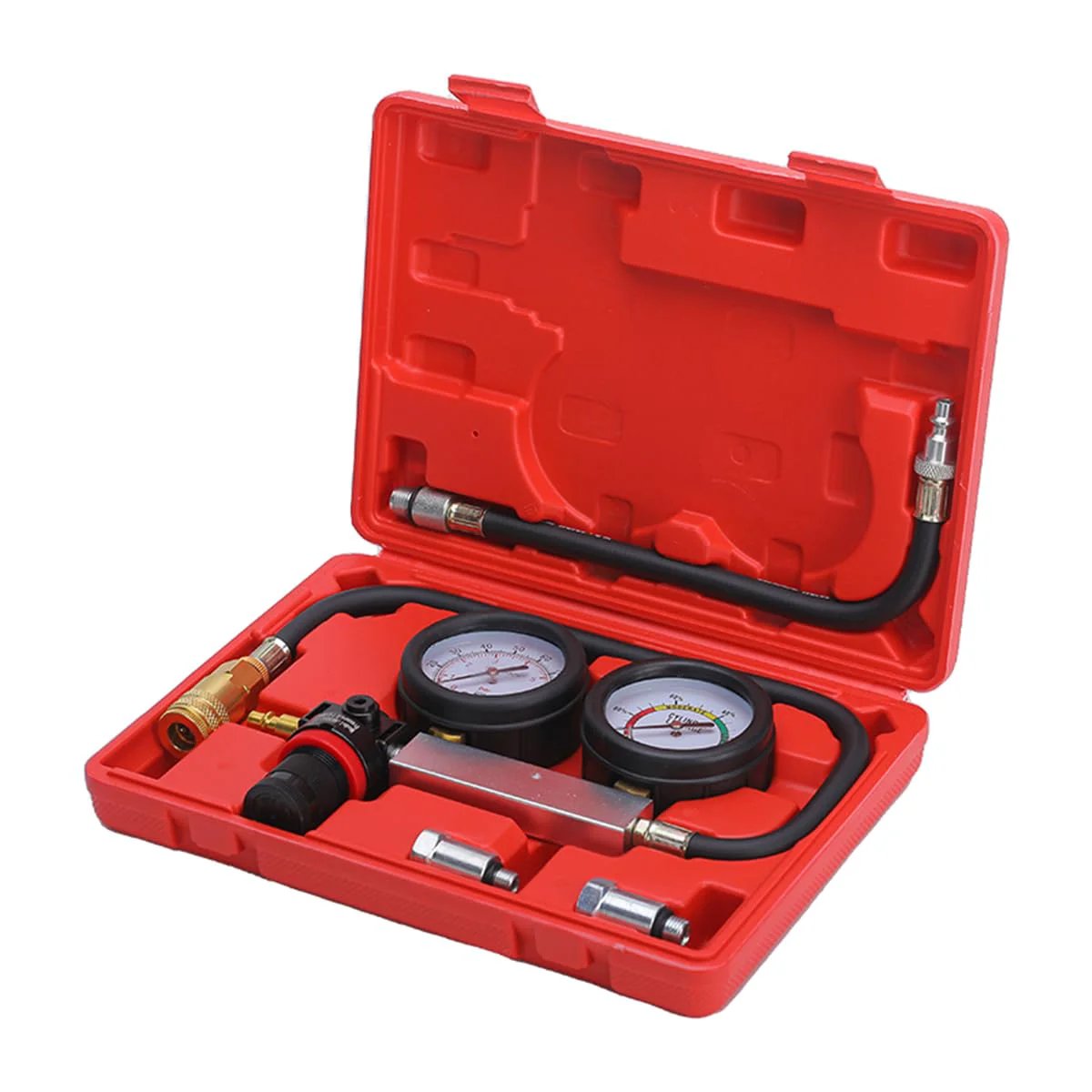 Cylinder Leak Down Tester Kit All In One For Cars Trucks And Motorcycles With Dual Gauge Displays That Show Pressure Value And Leakage Rate, automotive engine compression leakage test tool for gasoline engines with quick connect fittings in red case.