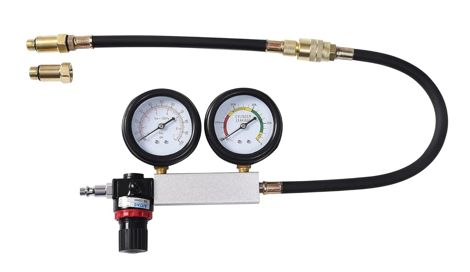 Dual Gauge Cylinder Leak Down Tester Kit with Pressure Regulator and Spark Plug Adapters M10 M12 M14 M18 for Gasoline Engines.