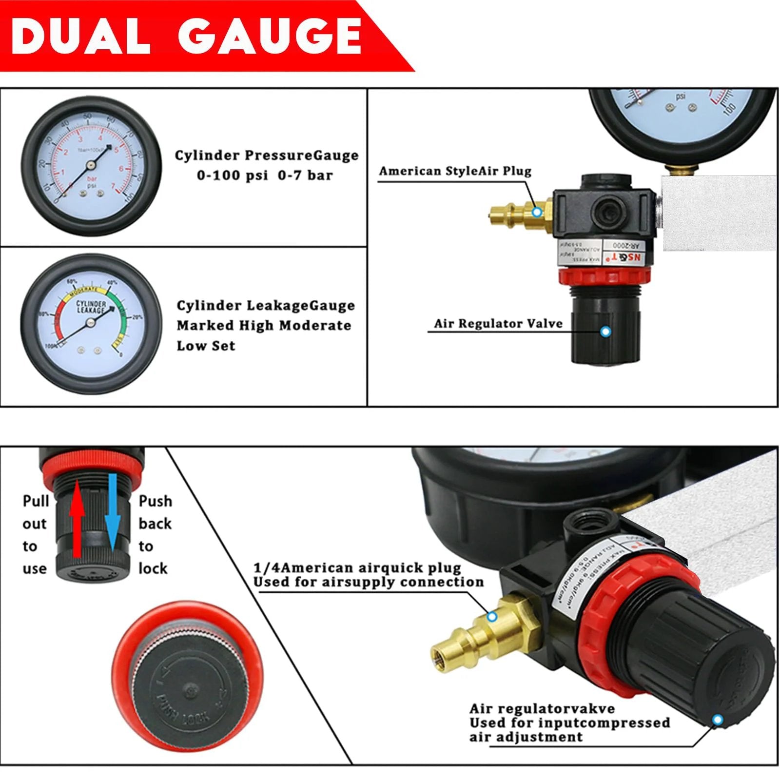 Pro Grade Multi Function Cylinder Leak Down Tester Kit For Gasoline Engines With Dual Gauge Pressure Readout And Extension Rod, showing dual gauges and air connections.