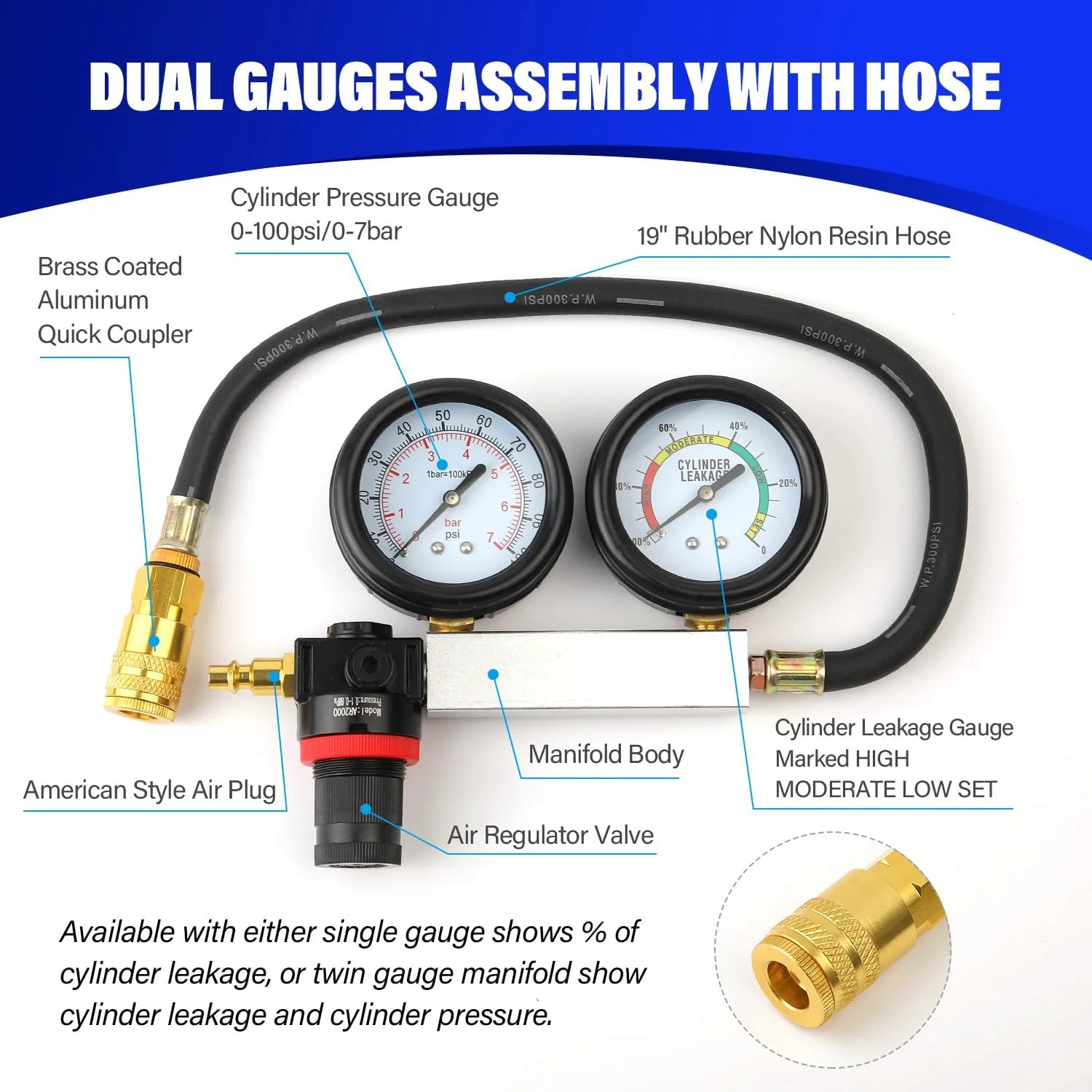 Close-up of TU21 Engine Cylinder Leak Down Tester Kit gauges and hose showing dual gauges for pressure and leakage.