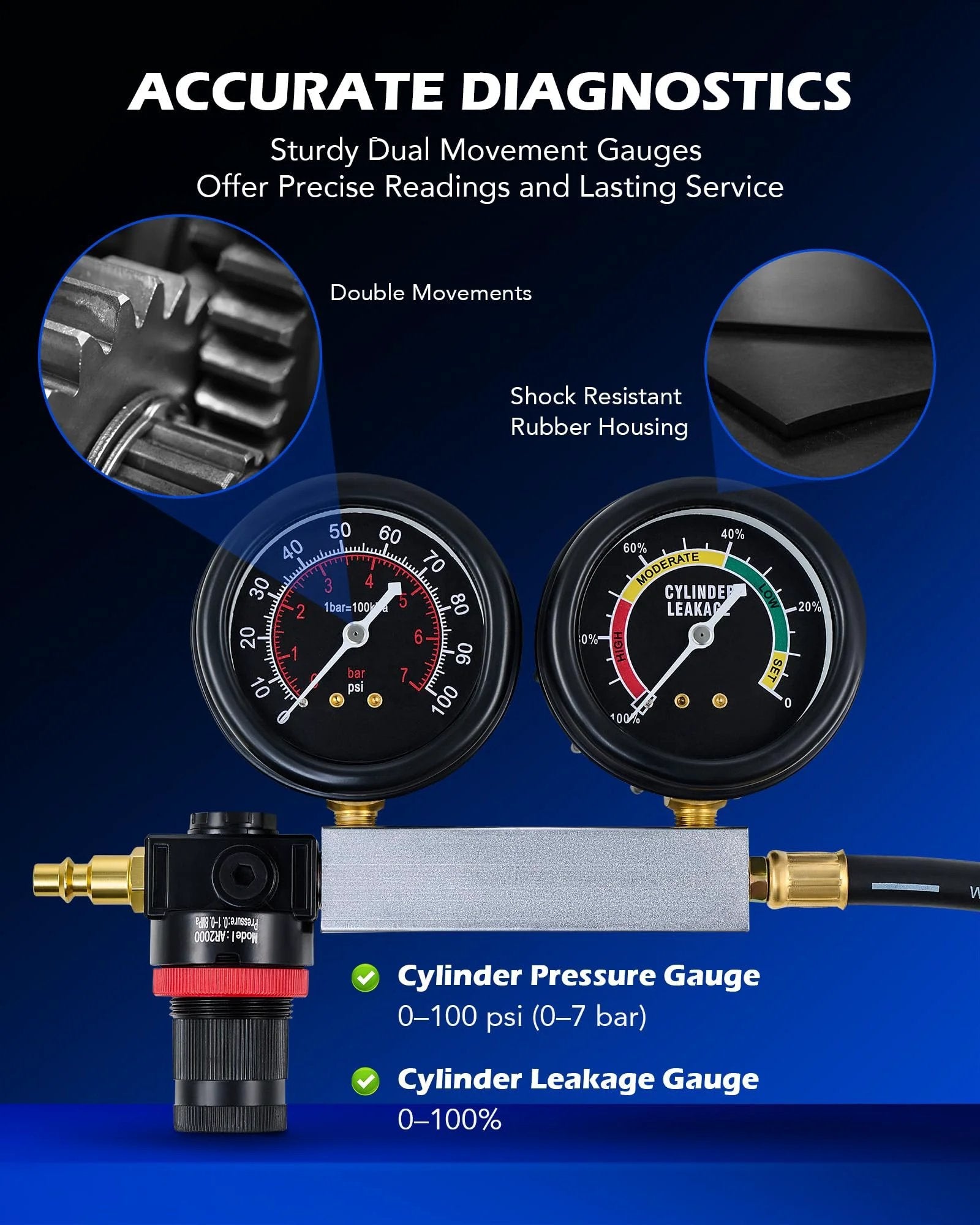 Leak Down Tester Kit For Automotive Engines With Dual Gauge Readouts showing dual gauges, pressure and leakage readouts for diagnostics.
