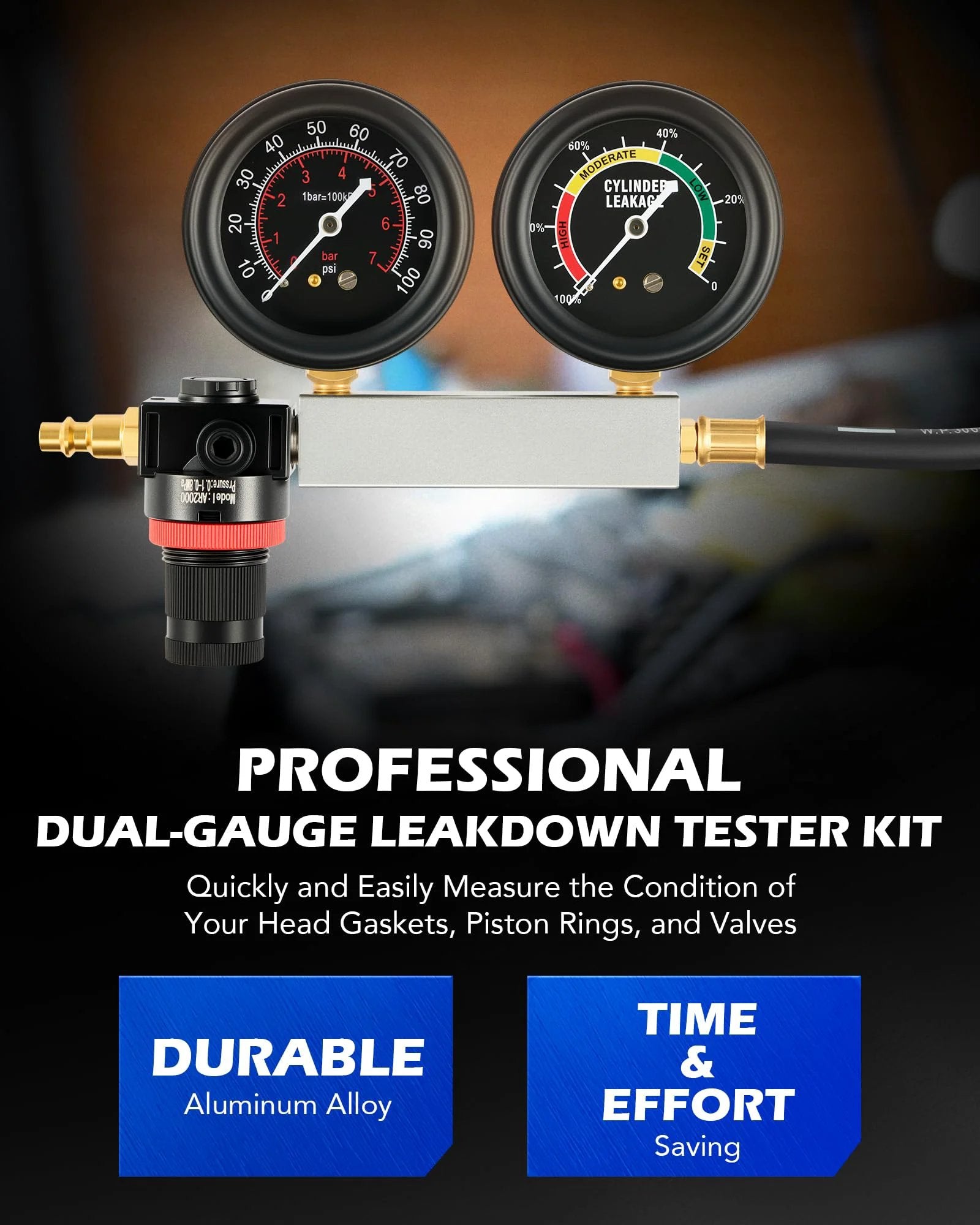 Go-To Cylinder Leak-Down Tester Kit With Dual Gauges For Gas Engines And Spark Plug Adapters, close-up view of dual gauges and connector.