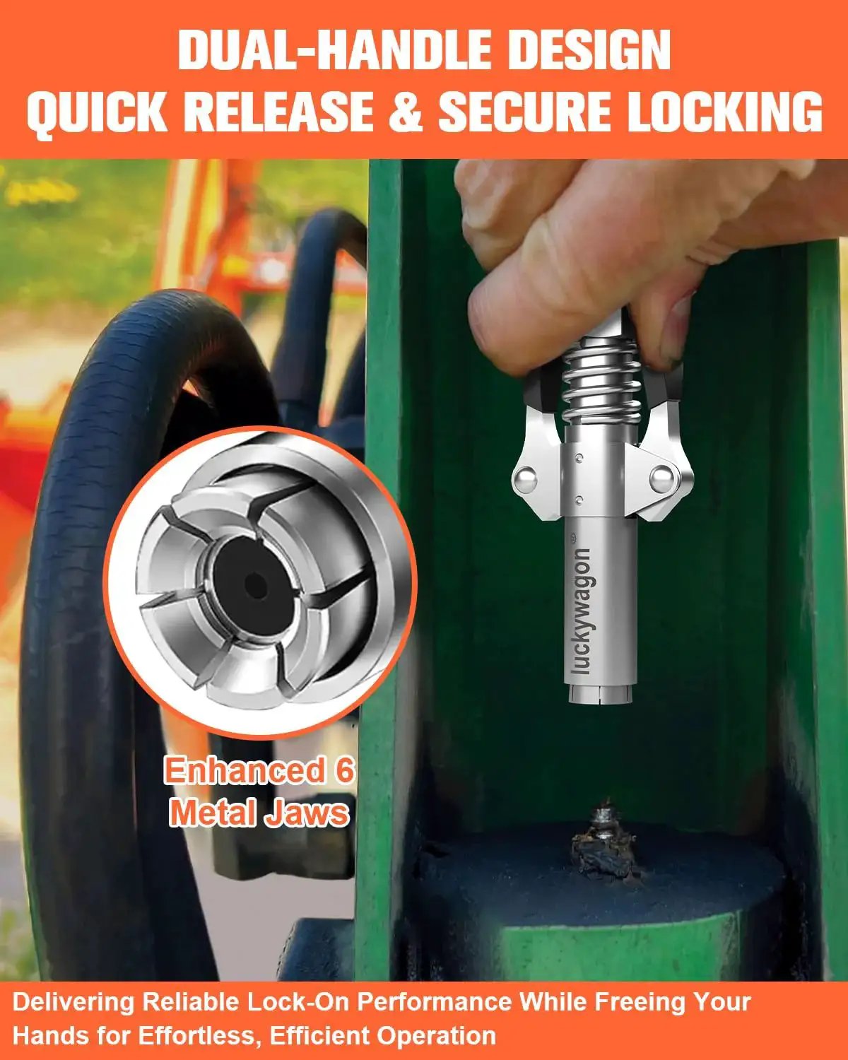 Hand using Upgraded 6 Jaw Lock On Grease Gun Coupler with non slip double handle, securing on zerk fittings for high pressure seal, Luckwagon.