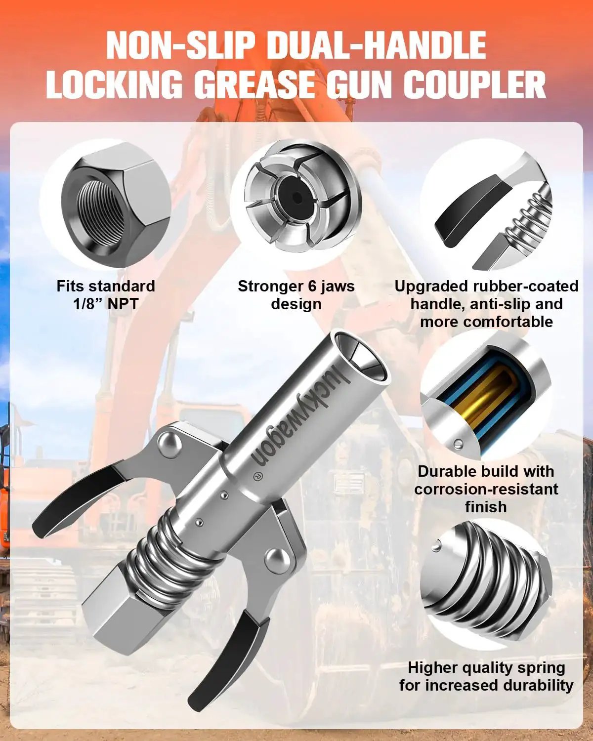 Diagram showcasing the Upgraded 6 Jaw Lock On Grease Gun Coupler with non-slip double handle and high pressure seal, highlighting features.