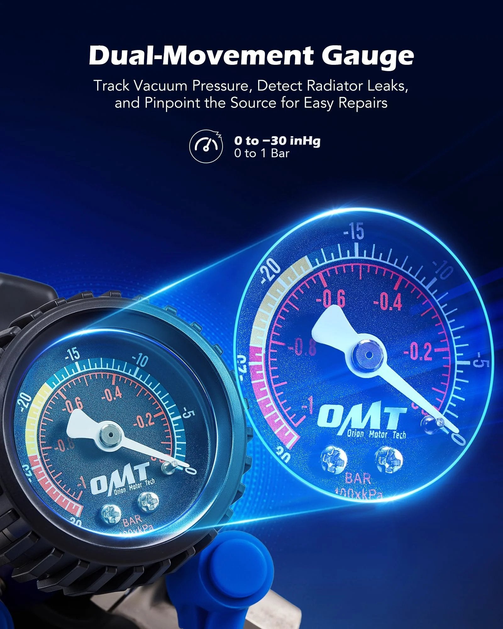 Close-up of the dual-movement gauge from the Efficient Coolant Vacuum Refill Kit For Cars With Leak Detector And Dual Movement Gauge Radiator Fill Tool.