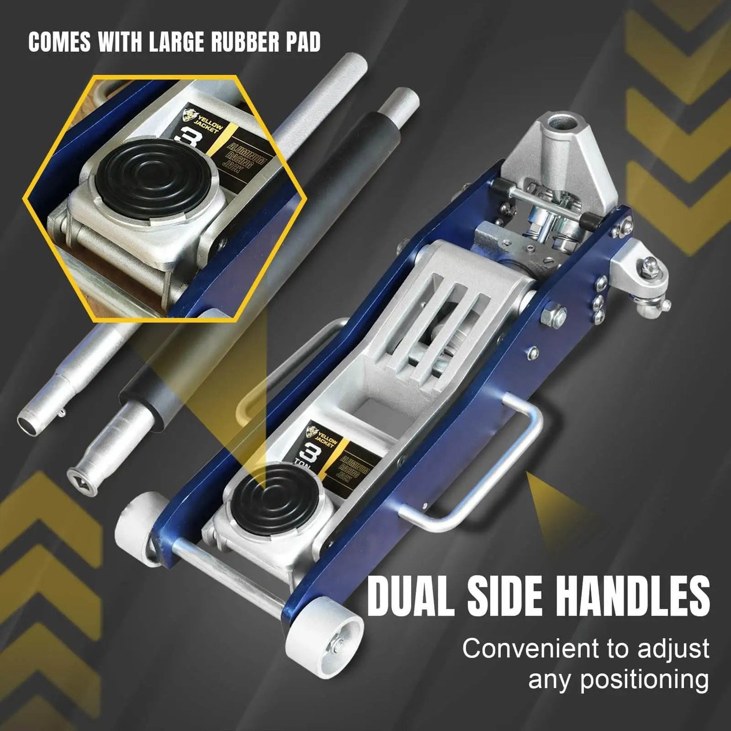 Beefy Ultra Lightweight 3 Ton Aluminum Floor Jack With Quick Rise Dual Pump For Cars And Trucks Low Profile Racing Jack Fast Lifting 6600 Lbs Capacity By Yellow Jacket showing dual side handles and rubber pad feature.