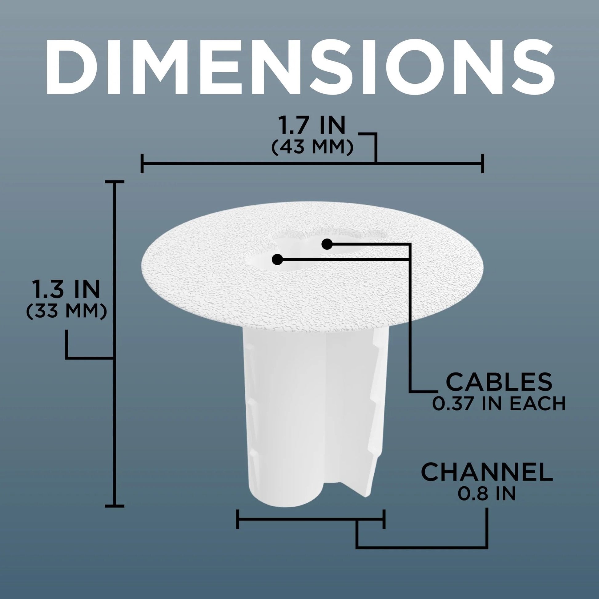 Dimensions diagram of Dual Feed Through Bushing For RG6 Coaxial Cable Pass Through For Walls And Cabinets Indoor Outdoor Grommet Cover