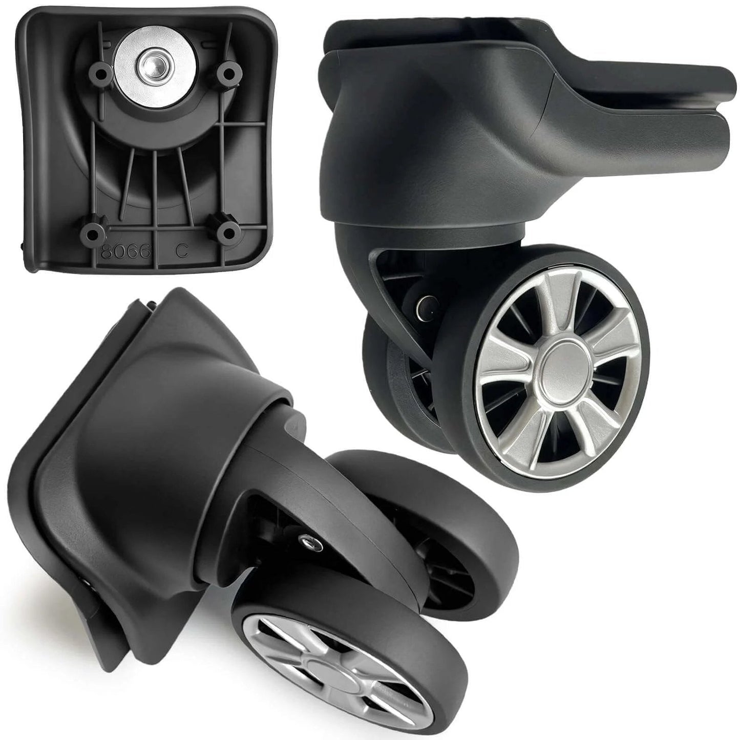 Dual Spinner Luggage Wheels Replacement Kit for Suitcase with Left and Right Silver Casters featuring smooth bearings