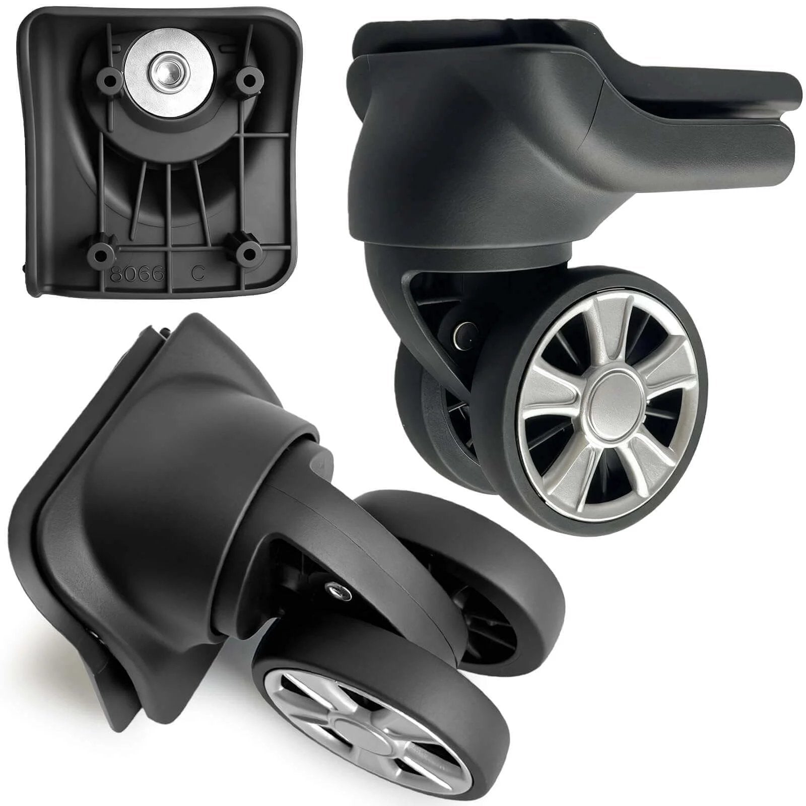 Dual Spinner Luggage Wheels Replacement Kit for Suitcase with Left and Right Silver Casters featuring smooth bearings