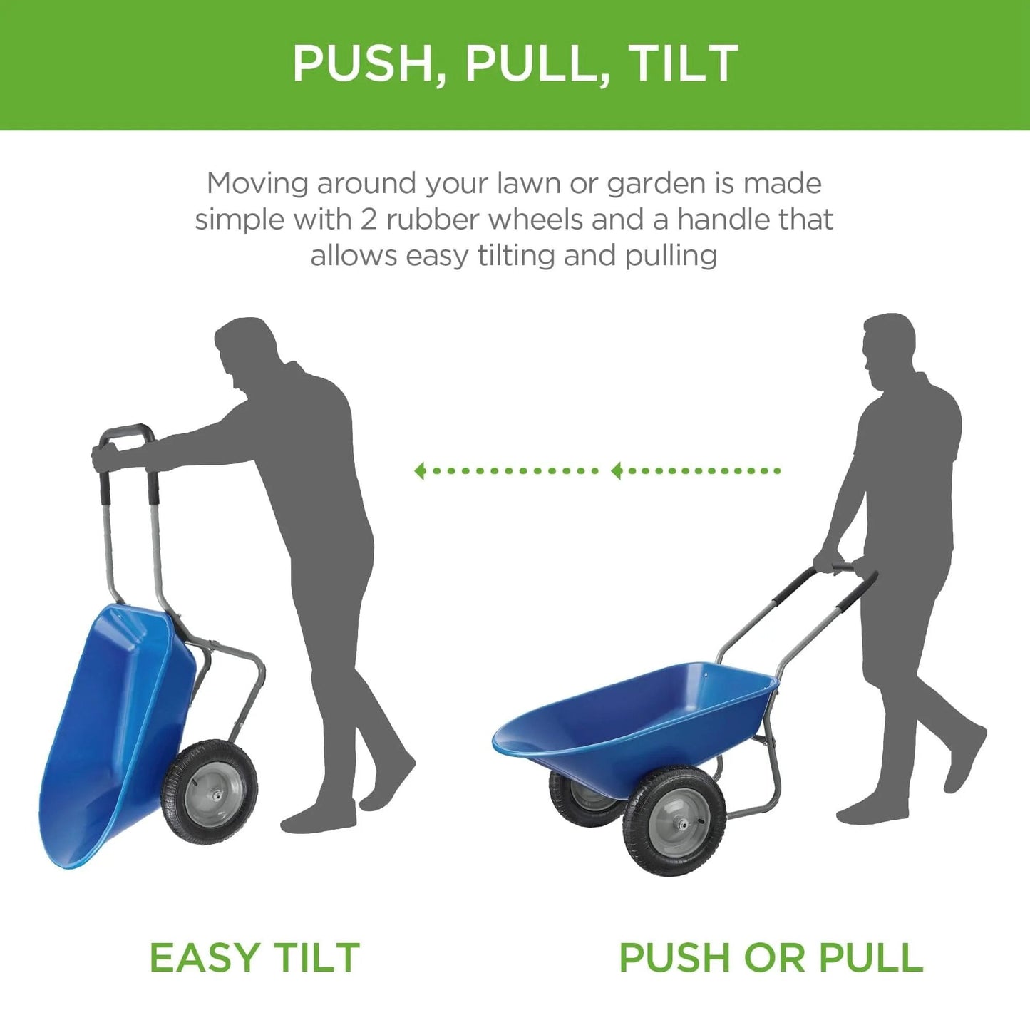 Dual Wheel Home Utility Yard Wheelbarrow Garden Cart with Built In Stand 5 Cubic Foot Capacity 330 lb Load Blue for Lawn Gardening Landscaping and Construction showing push, pull, tilt functionality.