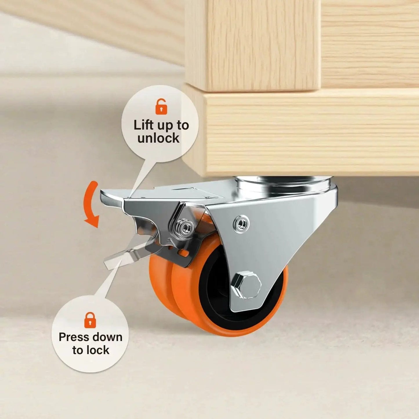 Two Wheel Casters Set Of Four Heavy Duty 2 Inch Orange TPE With Brake Double Wheel Swivel Plate Locking Castor Wheels installed on furniture