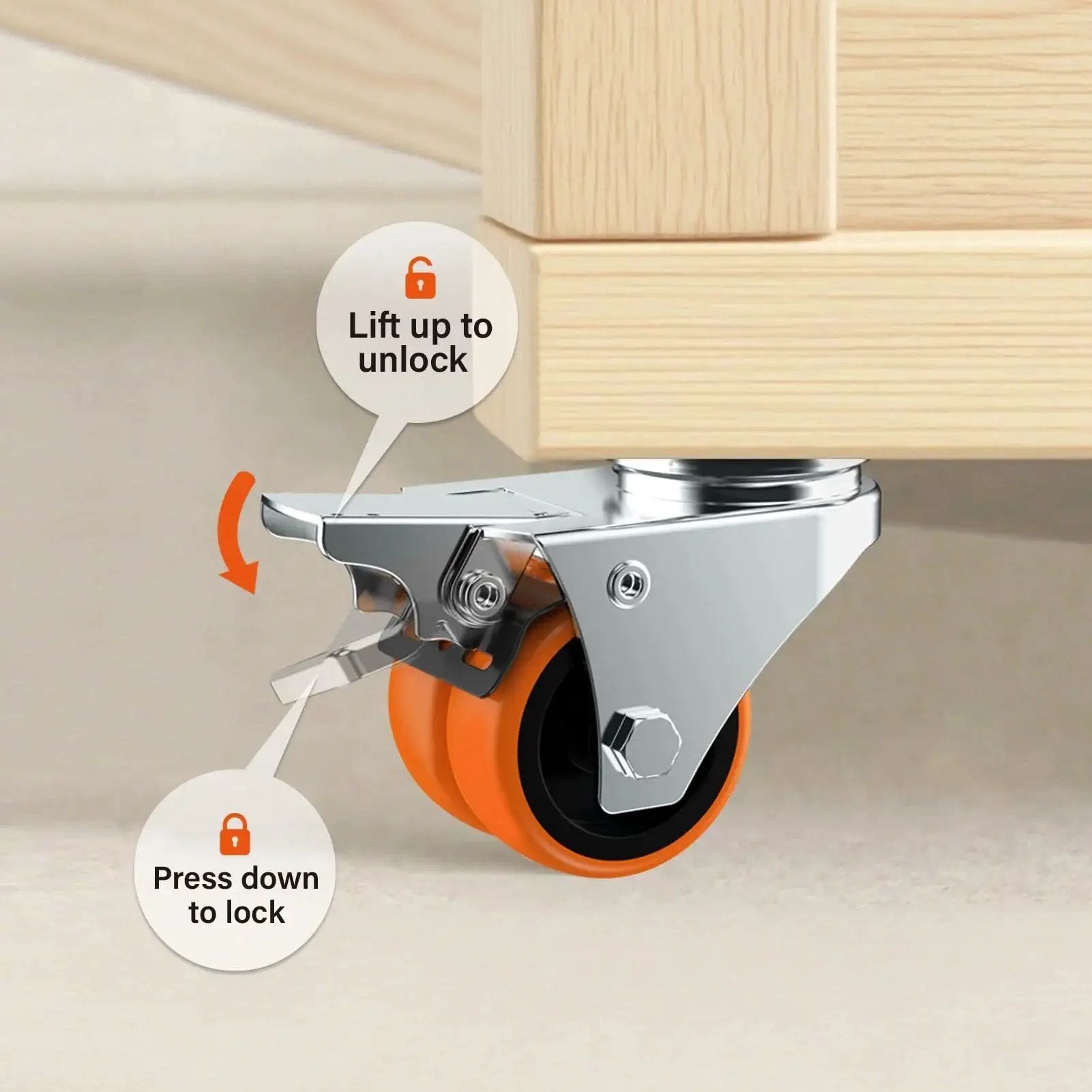 Two Wheel Casters Set Of Four Heavy Duty 2 Inch Orange TPE With Brake Double Wheel Swivel Plate Locking Castor Wheels installed on furniture