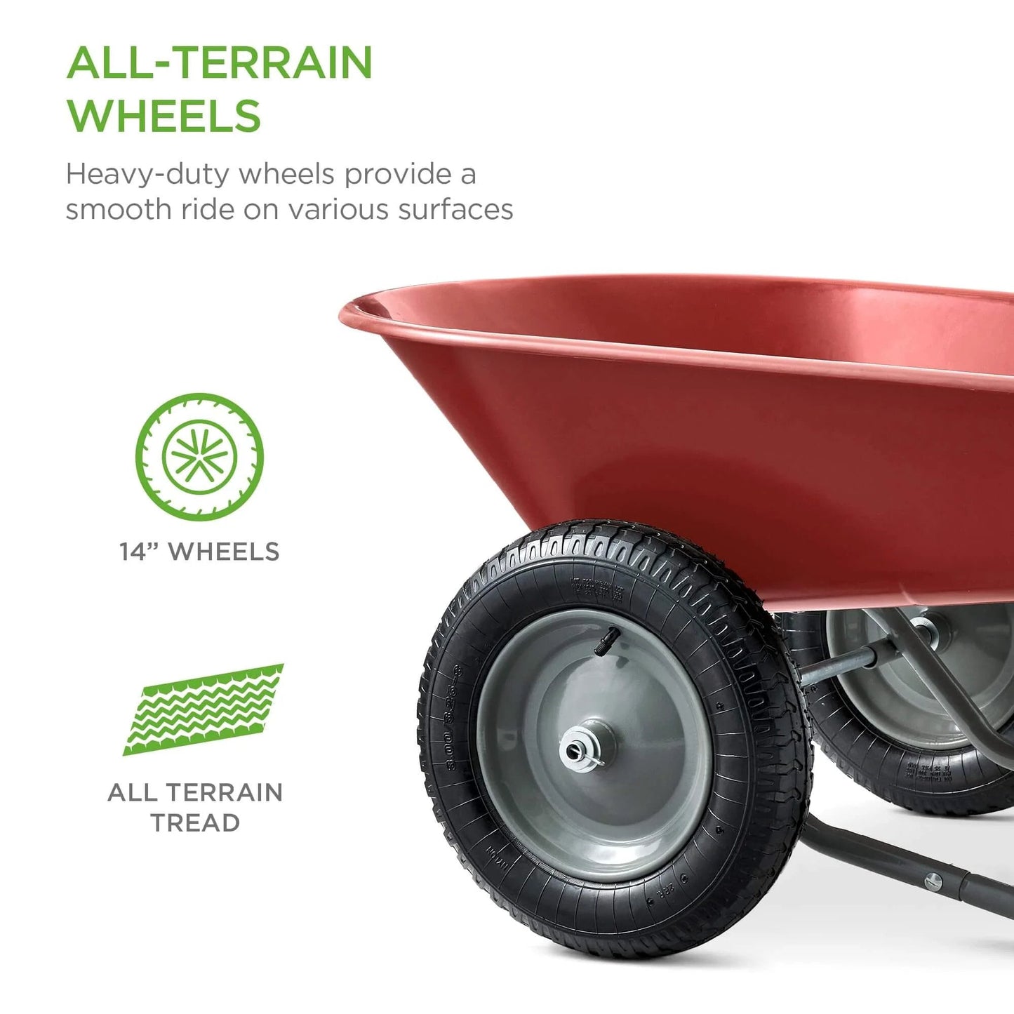 Dual Wheel Home Utility Yard Wheelbarrow Garden Cart with Built In Stand 5 Cubic Foot Capacity 330 lb Load Red side view with wheels