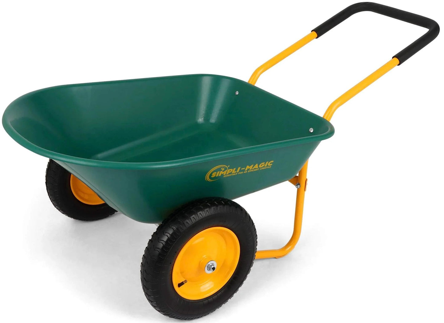 Green dual wheel home utility yard wheelbarrow garden cart with built-in stand and yellow handles for gardening and construction work.