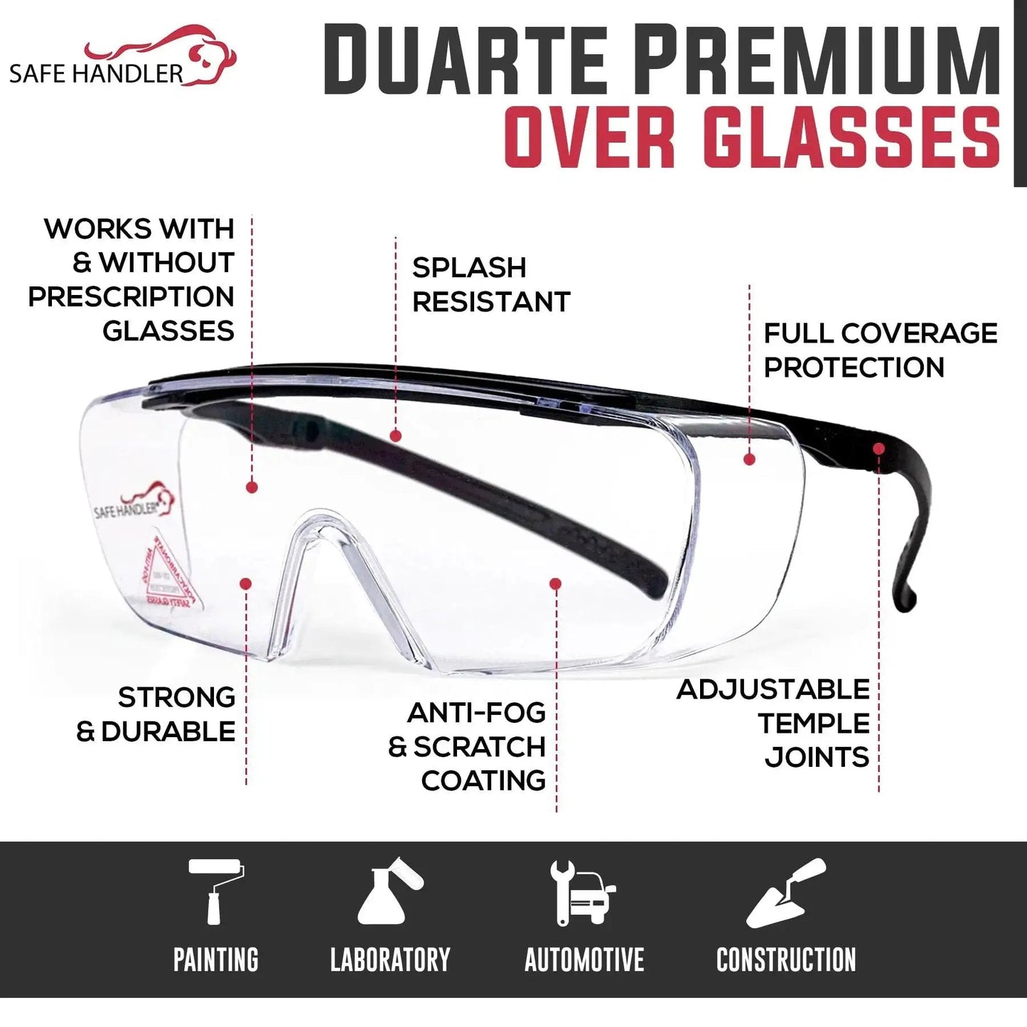 Duarte Premium Over Glasses Safety Eyewear With Anti Fog Lenses ANSI Z87.1, clear polycarbonate lens, full coverage, and adjustable arms