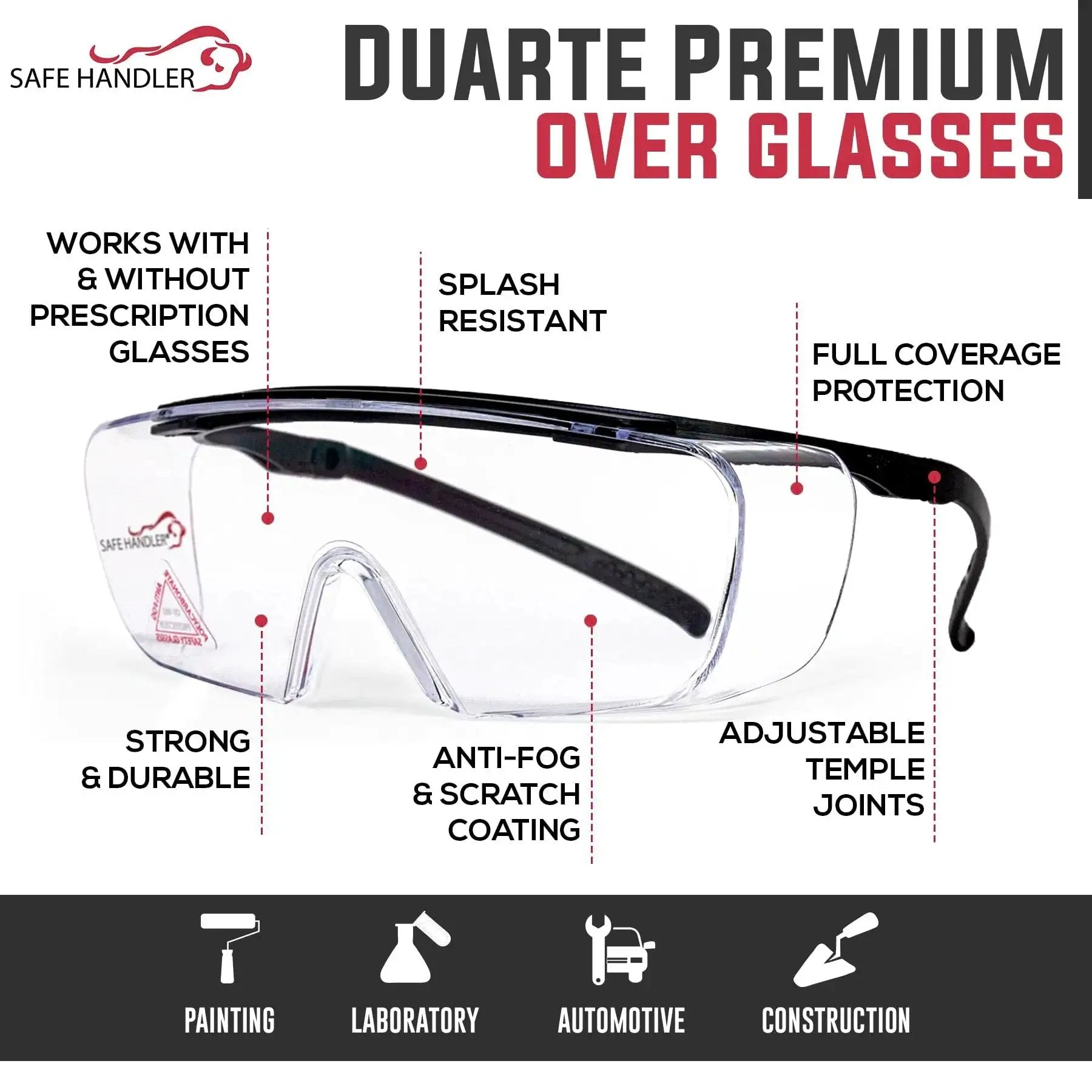 Duarte Premium Over Glasses Safety Eyewear With Anti Fog Lenses ANSI Z87.1, clear polycarbonate lens, full coverage, and adjustable arms