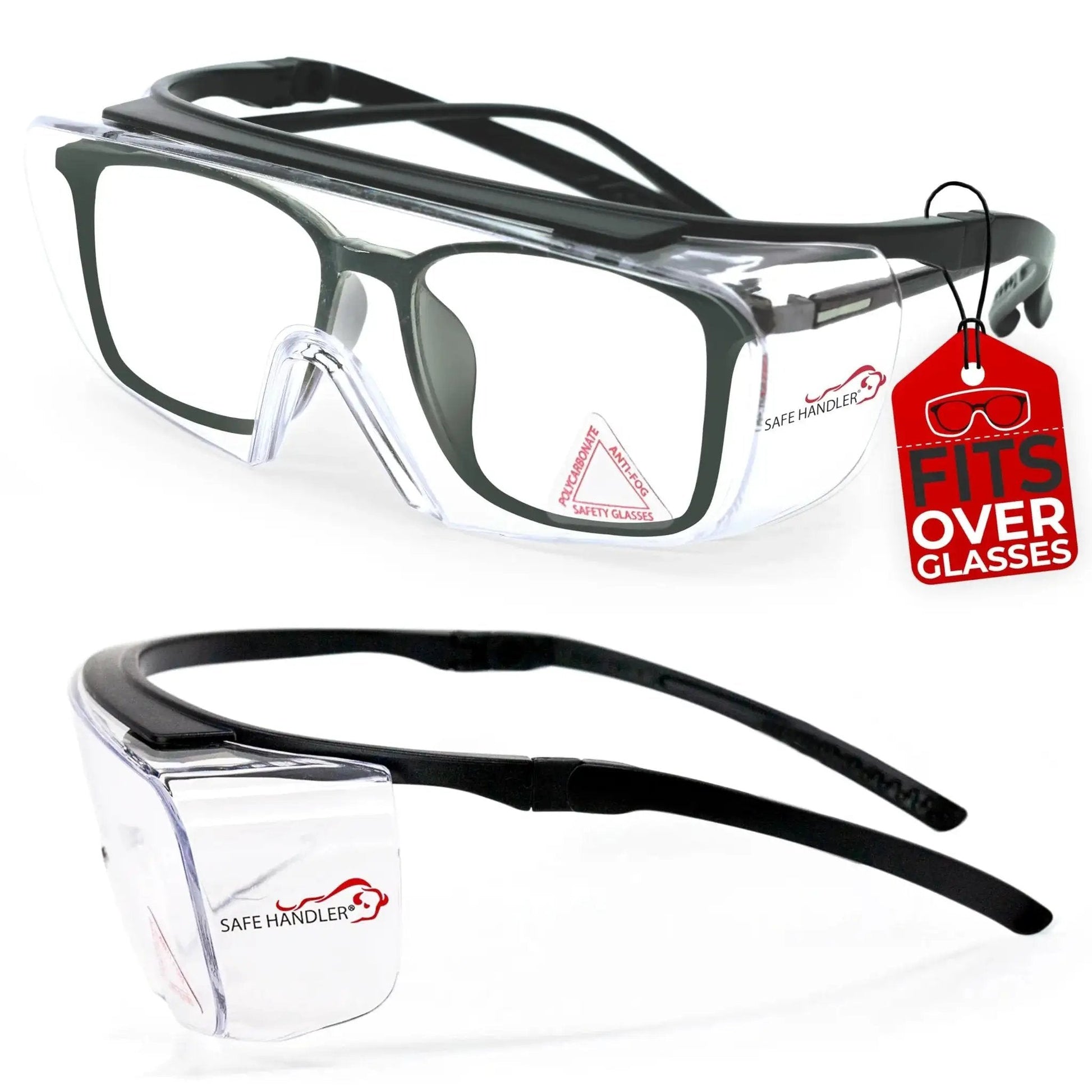 Duarte Premium Over Glasses Safety Eyewear With Anti Fog Lenses ANSI Z87.1, clear polycarbonate lens, black frames, side view