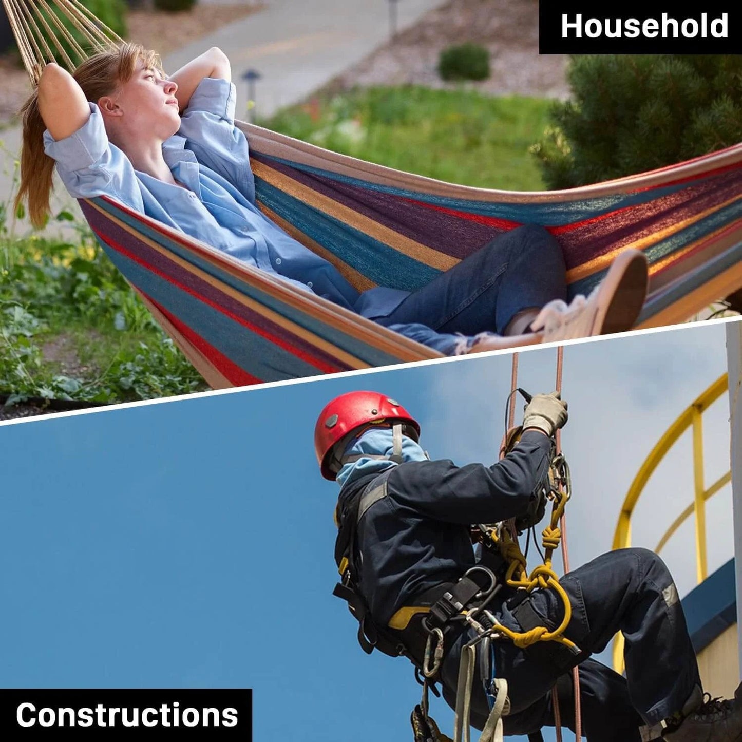 Woman relaxing in a colorful outdoor hammock, and worker in safety gear climbing a rope for construction work.