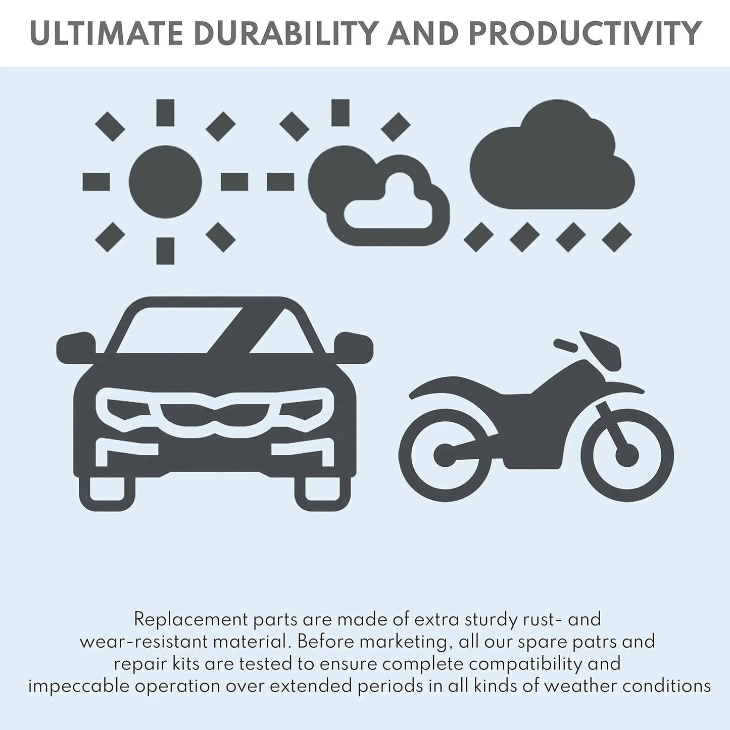 Illustration of car and motorcycle under varied weather icons symbolizing durability for Upper Or Lower Chain Roller 34x24 Mm.