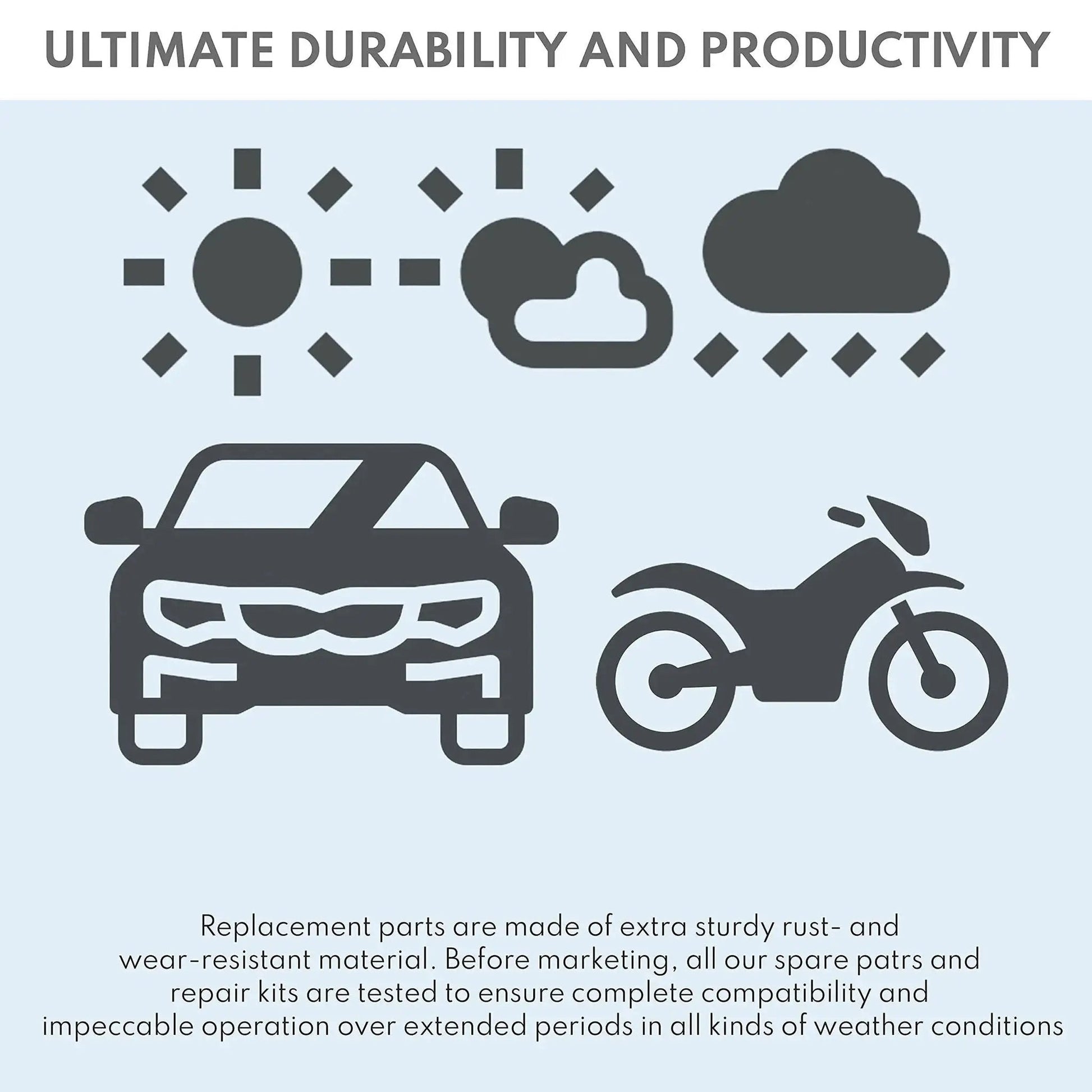 Illustration of car and motorcycle under varied weather icons symbolizing durability for Upper Or Lower Chain Roller 34x24 Mm.