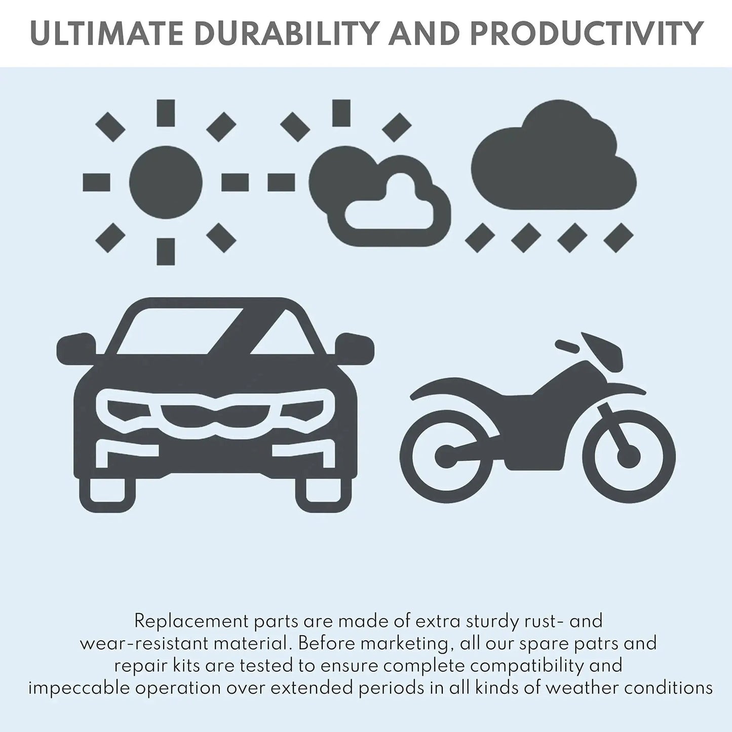 Icons illustrating durability in various weather conditions for Upper Or Lower Chain Roller 34x24 Millimeter For YZ125 YZ250 YZ250F YZ250X YZ250FX Dirt Bike Black Roller Chain Bearing Made In The USA Durable UHMW Or Acetal Construction For Long Lasting Performance Replacement Part.