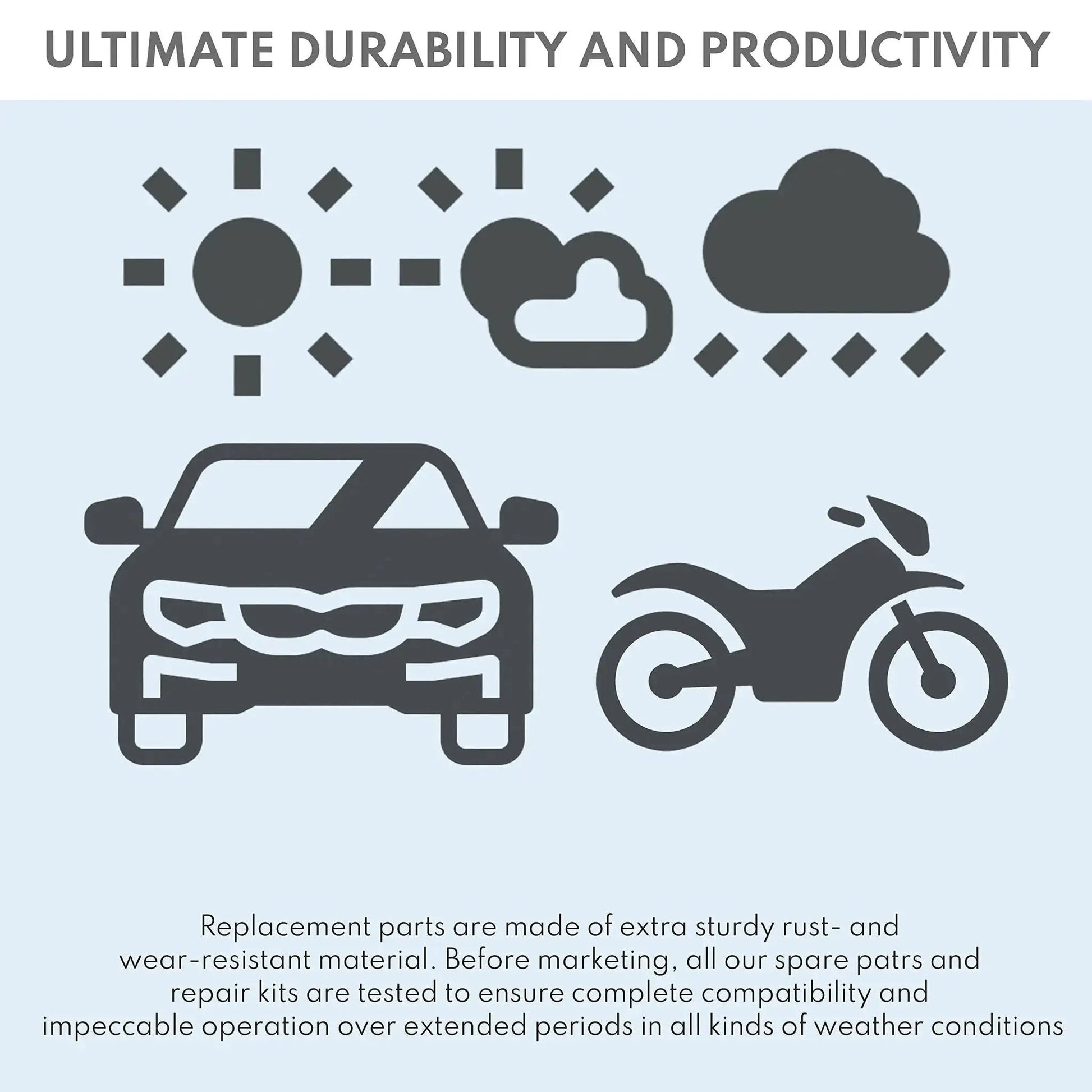 Icons illustrating durability in various weather conditions for Upper Or Lower Chain Roller 34x24 Millimeter For YZ125 YZ250 YZ250F YZ250X YZ250FX Dirt Bike Black Roller Chain Bearing Made In The USA Durable UHMW Or Acetal Construction For Long Lasting Performance Replacement Part.