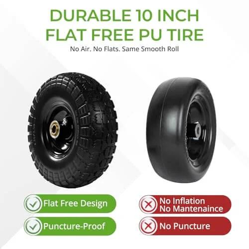 10 Inch Flat Free PU Tire showcasing durable solid rubber design, puncture-proof feature, and flat-free performance.