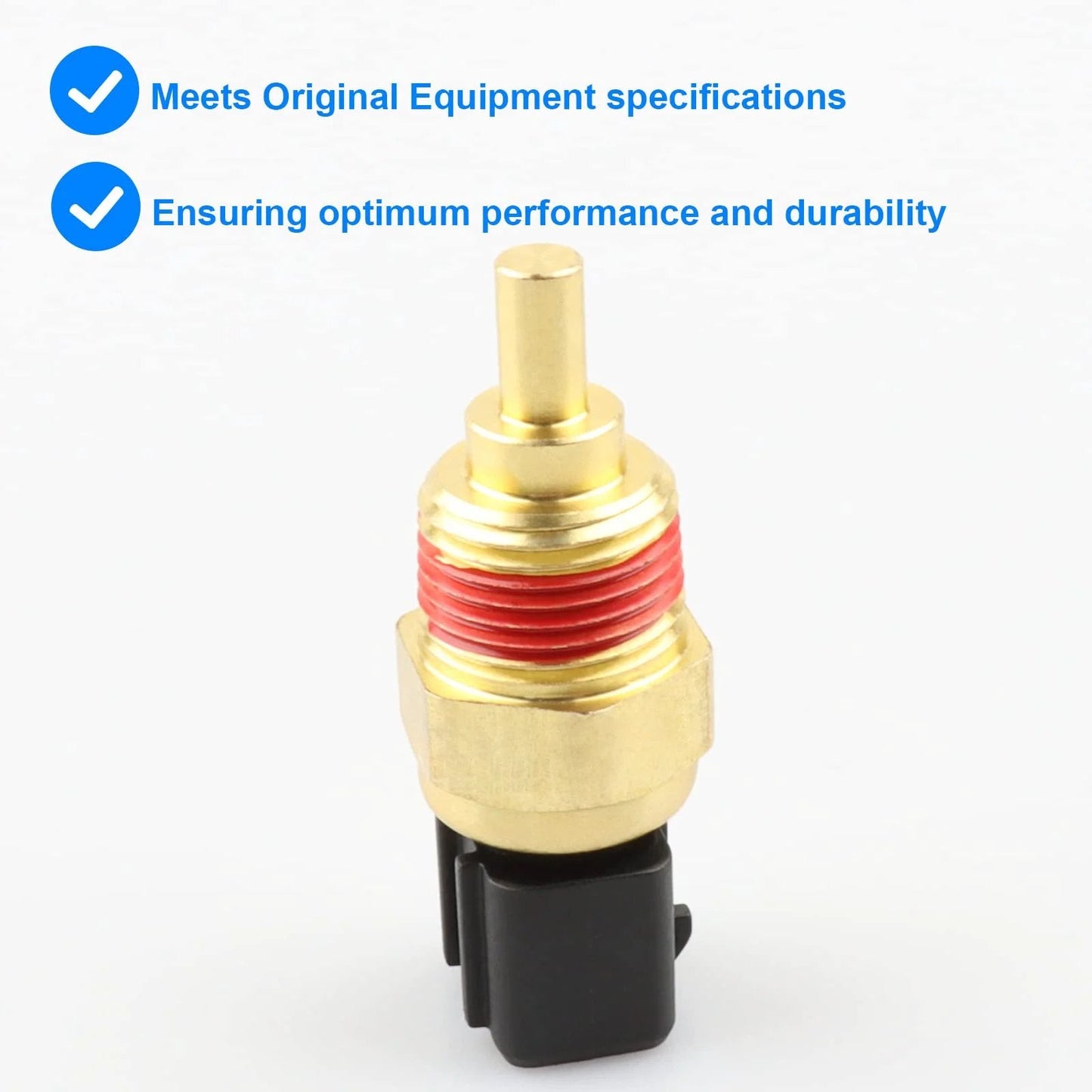Durable Replacement Budget Friendly Coolant Temperature Sensor For Hyundai And Kia Vehicles ECT Temperature Sensor 39220 38030 side view with brass and red detailing.