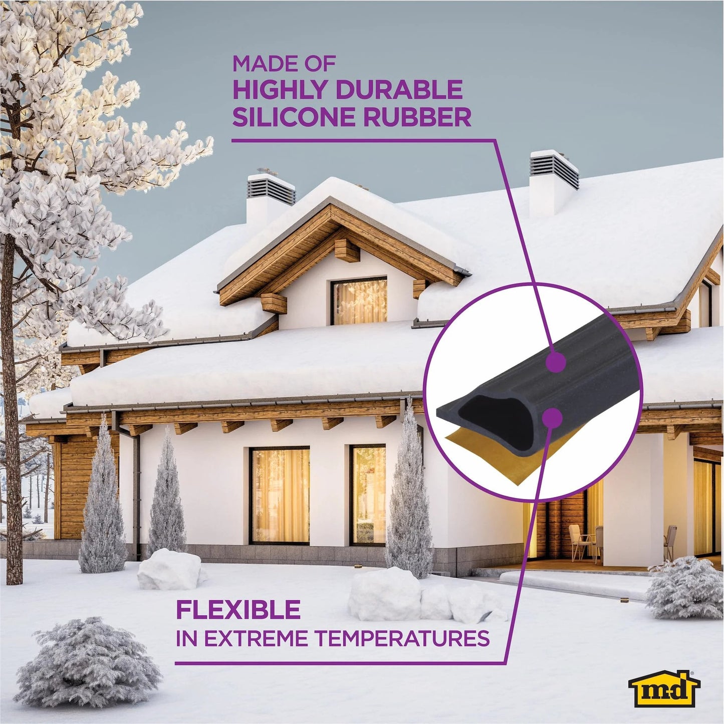 Highly Durable Silicone Rubber Gasket Seal For Doors And Windows Flexible In Extreme Temperatures Indoor And Outdoor Use No Hardware Required Self Sealing Weatherstripping For Gaps Black 20 Foot Length close-up view of gasket on a snowy house.