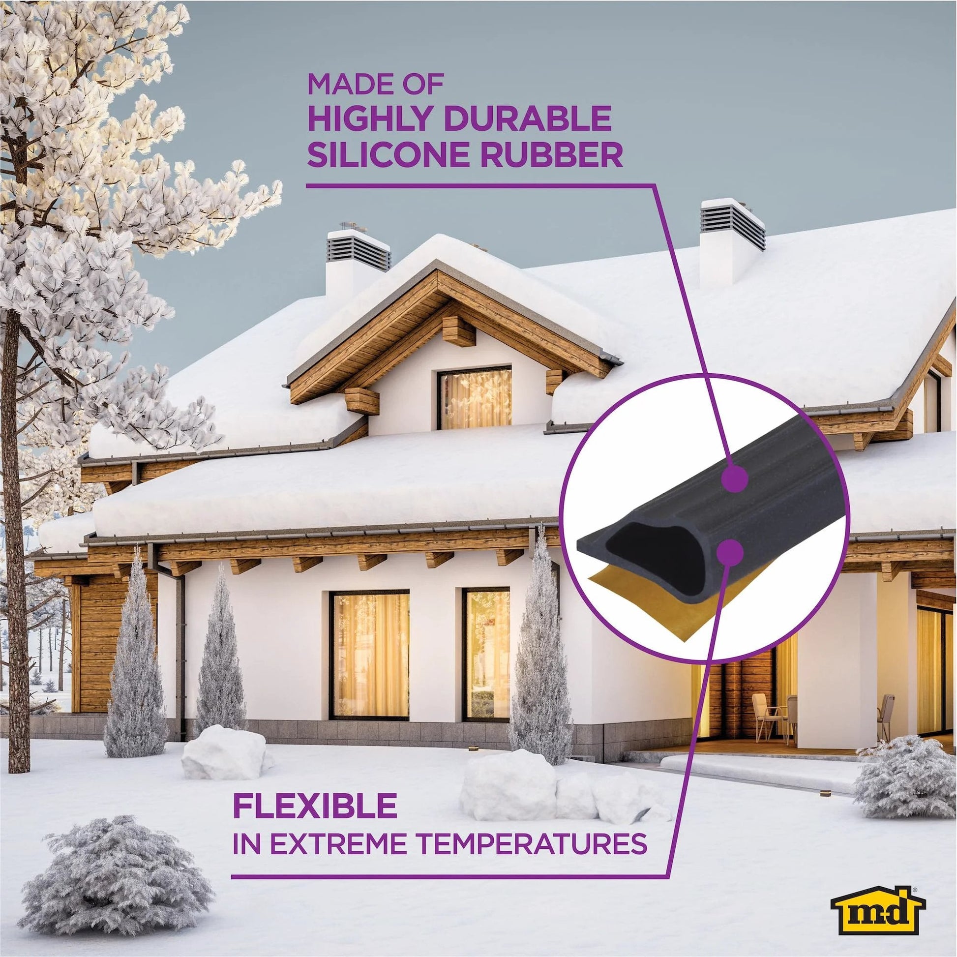 Highly Durable Silicone Rubber Gasket Seal For Doors And Windows Flexible In Extreme Temperatures Indoor And Outdoor Use No Hardware Required Self Sealing Weatherstripping For Gaps Black 20 Foot Length close-up view of gasket on a snowy house.