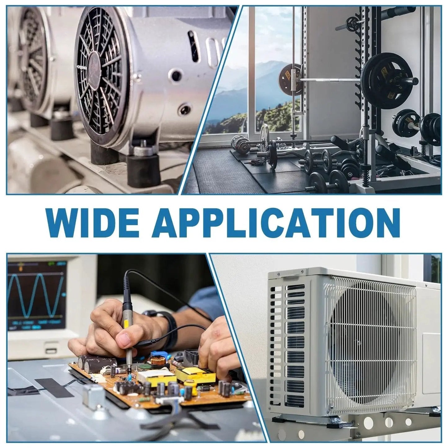 Collage showing wide applications for durable 304 stainless steel round spacers including gym equipment and HVAC systems.