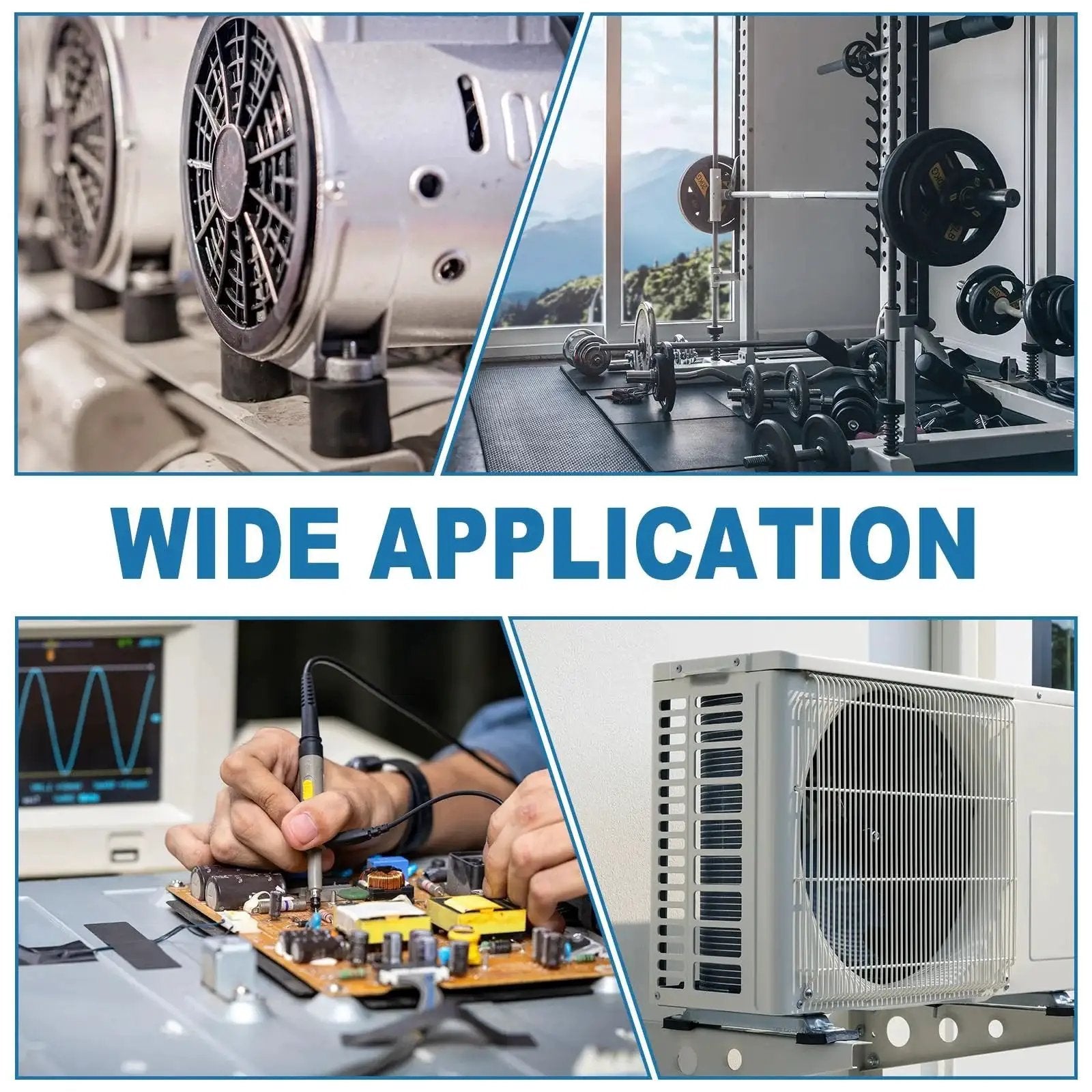 Collage showing wide applications for durable 304 stainless steel round spacers including gym equipment and HVAC systems.