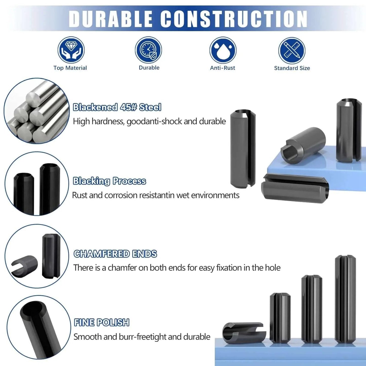 430 Pcs Roll Pin Set, Slotted Metric Spring Pins with chamfered ends and polished black oxide finish, detailed product features