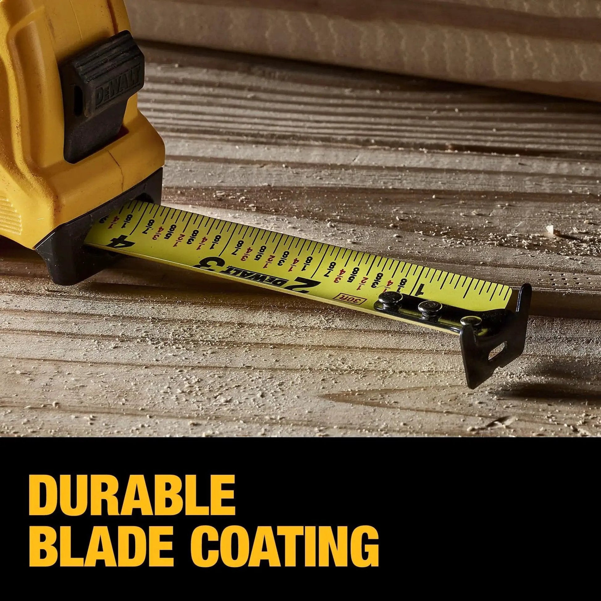 Atomic Compact 30 Ft Tape Measure With Finger Brake For Precision And One Hand Quick Measurement showing durable blade coating