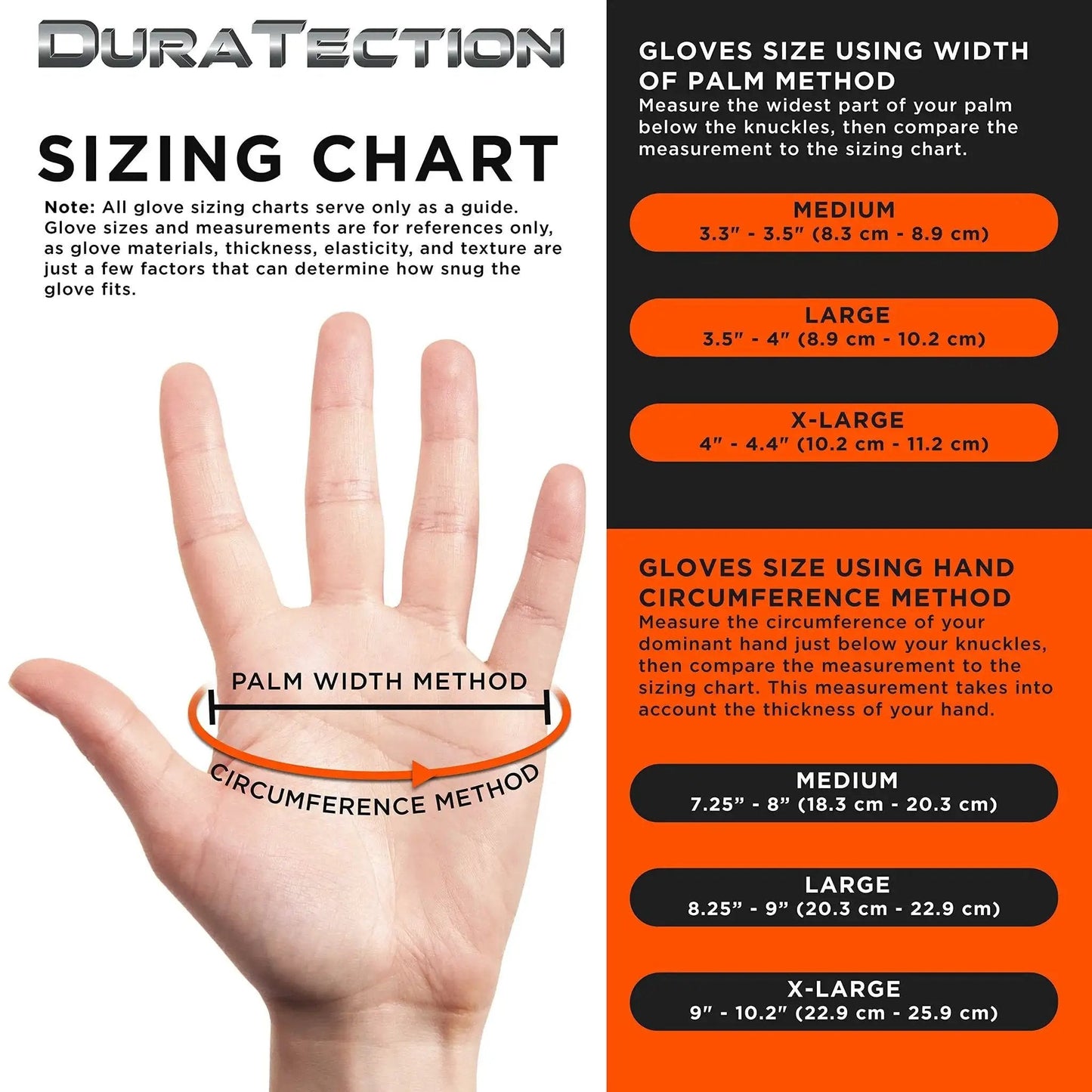 Sizing chart for 8 Mil Orange Diamond Textured Nitrile Disposable Gloves Medium 3 Boxes 100 with hand measurement methods.