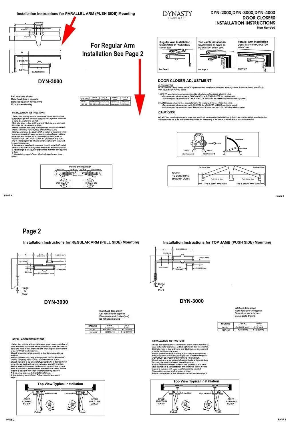 Installation manual for Door Closer, Commercial Hydraulic Closer, Self-Closing, Sprayed Aluminum, Series 3000, showing setup instructions.