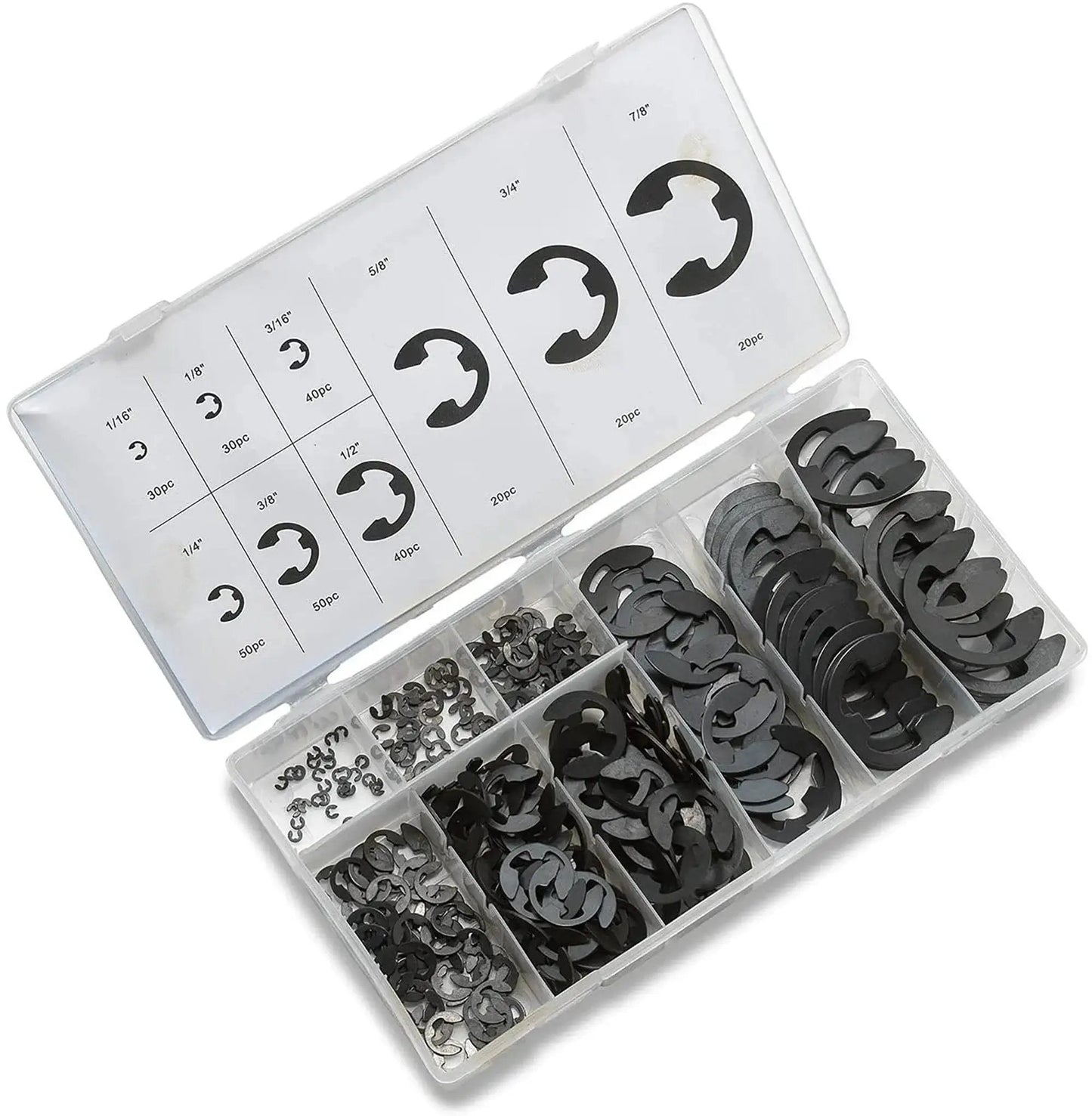 E Clip Assortment Set With 300 Pieces Heat Treated External Retaining Clips Nine SAE Sizes for automotive machinery DIY projects in a case