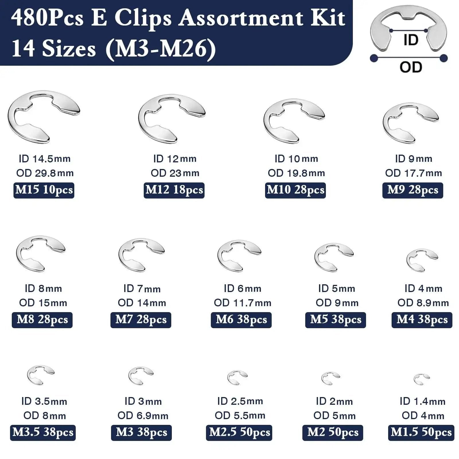 E Clip Snap Ring Assortment Kit 480Pcs M1.5 To M26 External Retaining Rings in 14 Sizes, showing dimensions and piece count