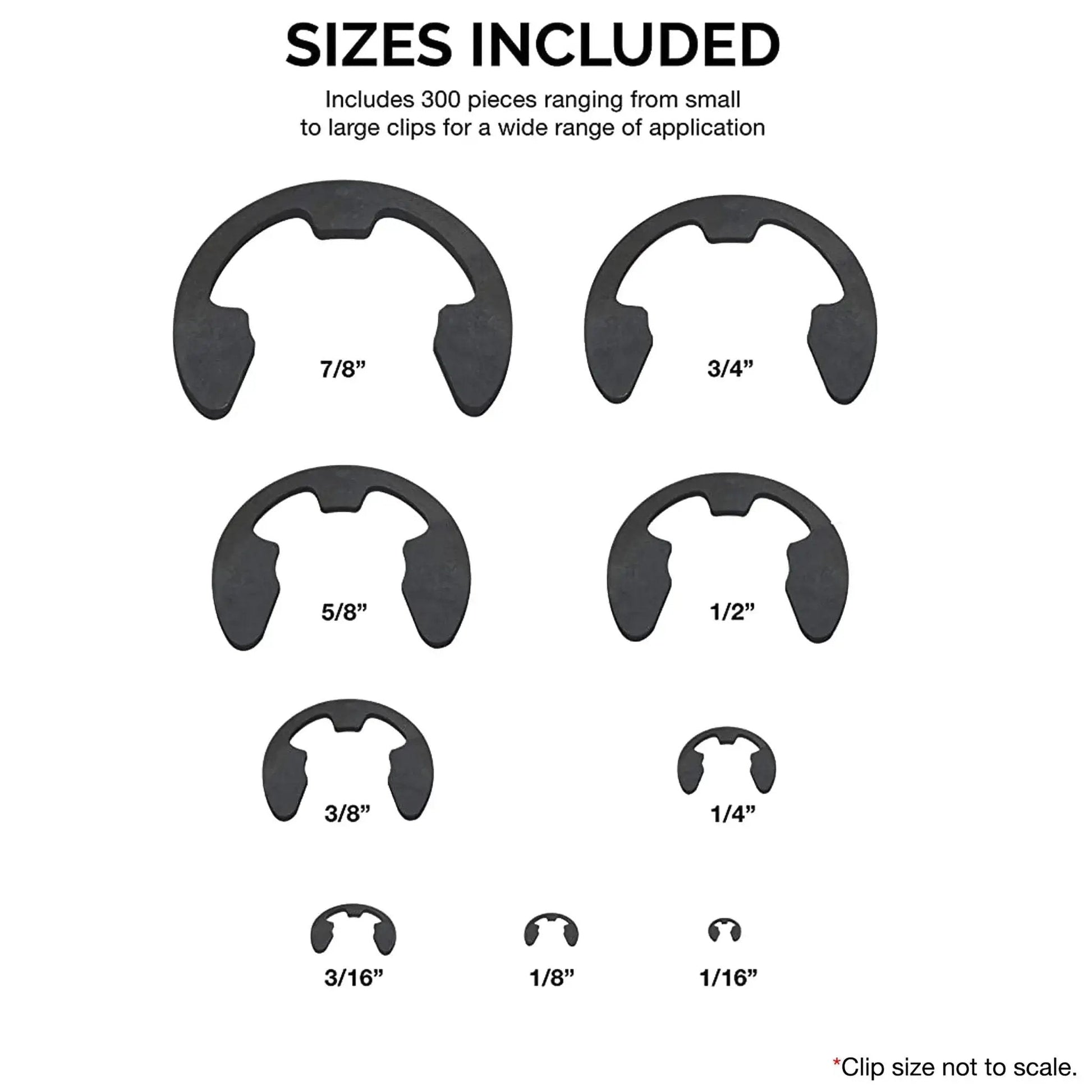 Diagram showing nine SAE sizes of heat-treated E Clip Assortment Set With 300 Pieces Heat Treated External Retaining Clips from 1/16" to 7/8"