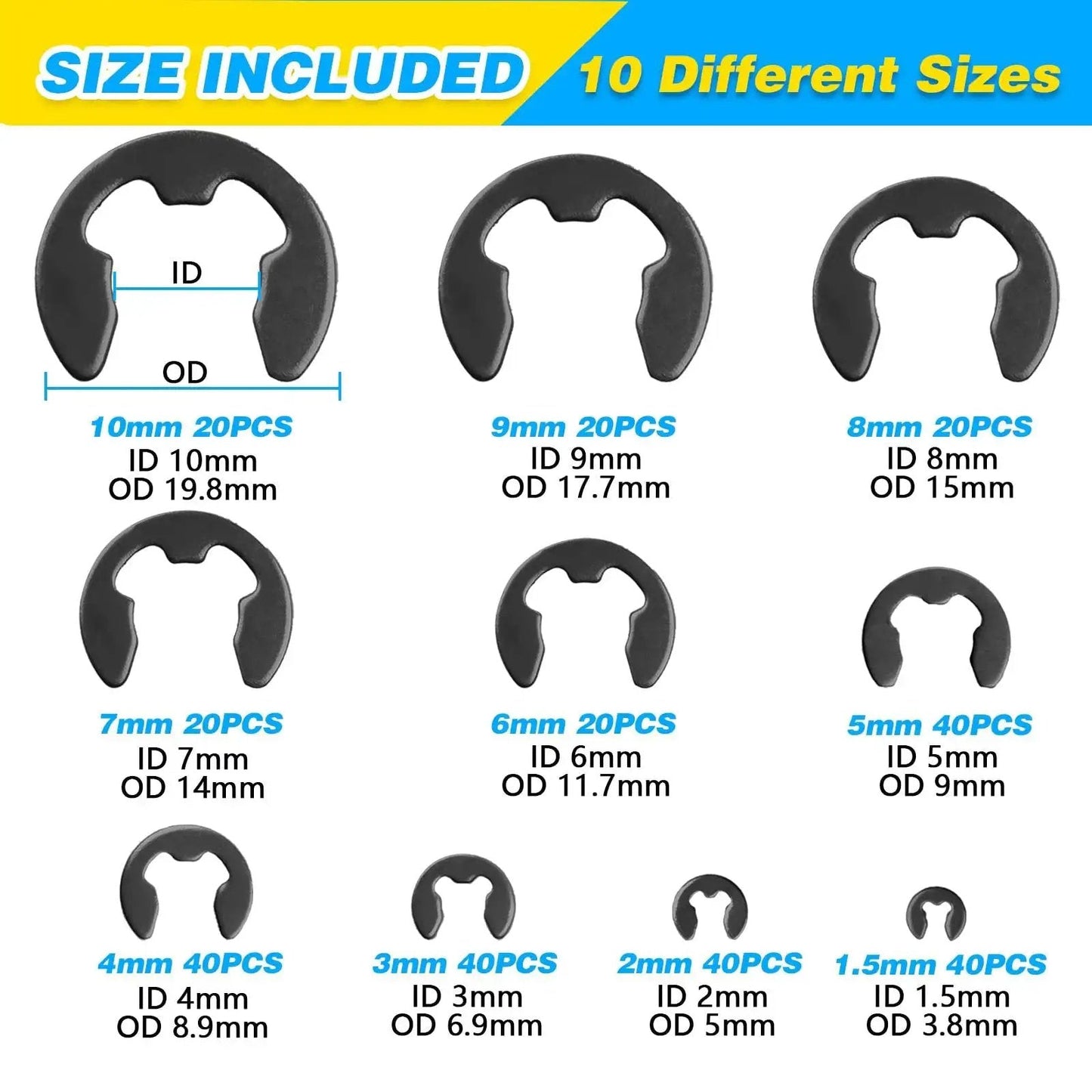 All In One C Clip And E Clip Retaining Ring Kit With 800 Pieces External Circlip Assortment size chart.